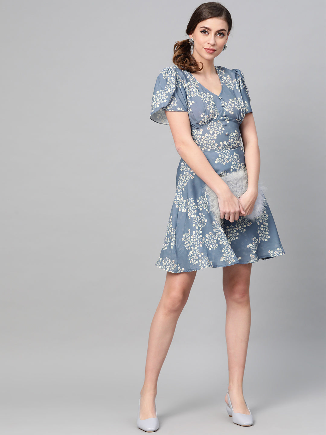 Women Dark Blue Floral Flared Skater Dress