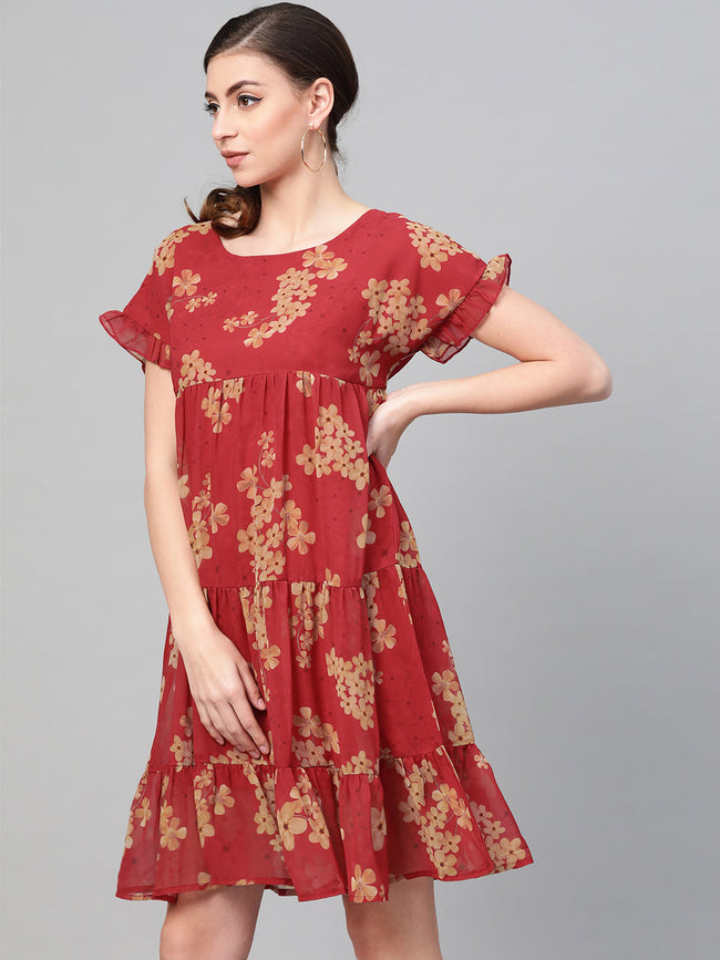 Women Red Floral Tiered Trapeze Dress