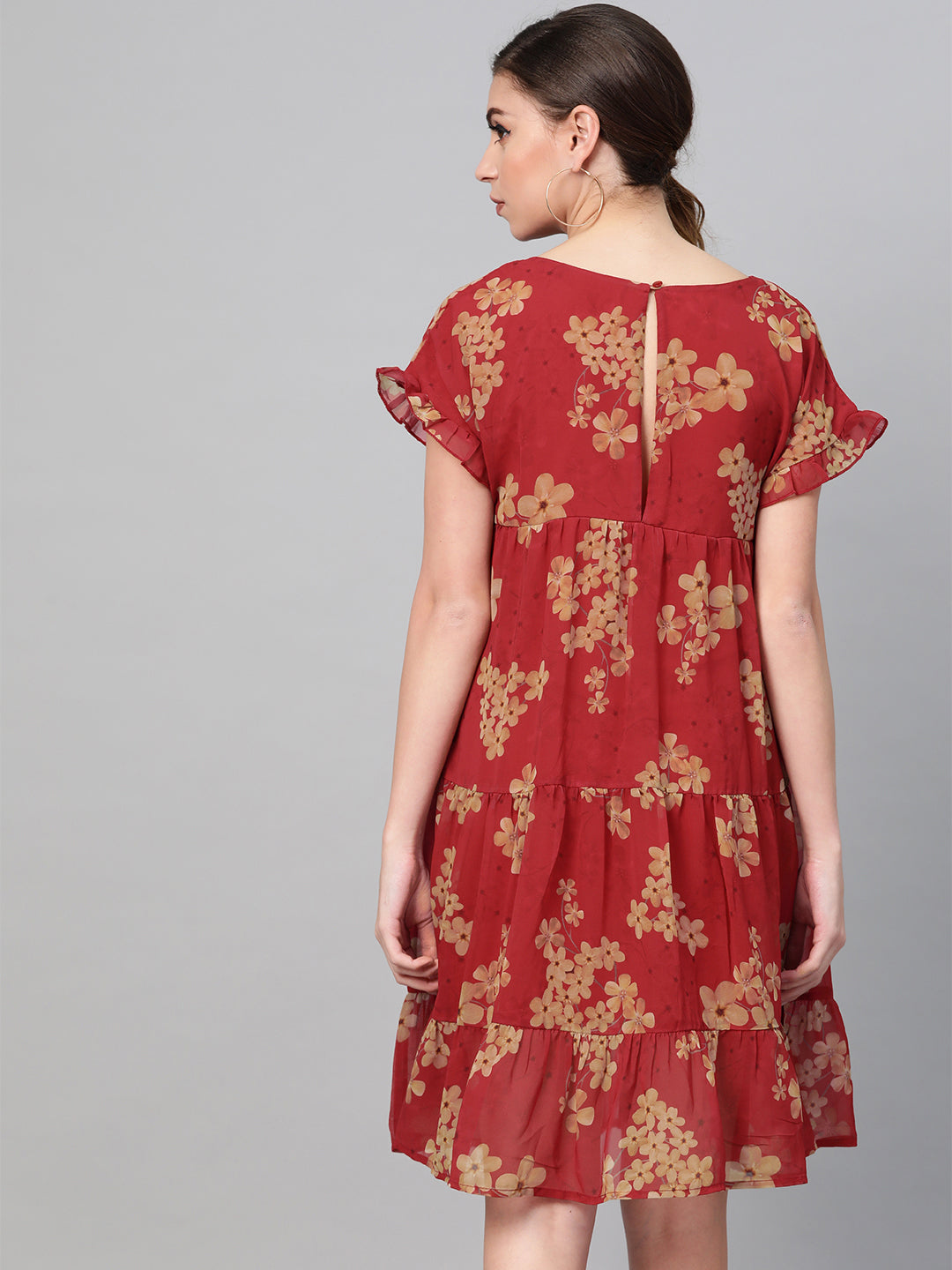 Women Red Floral Tiered Trapeze Dress