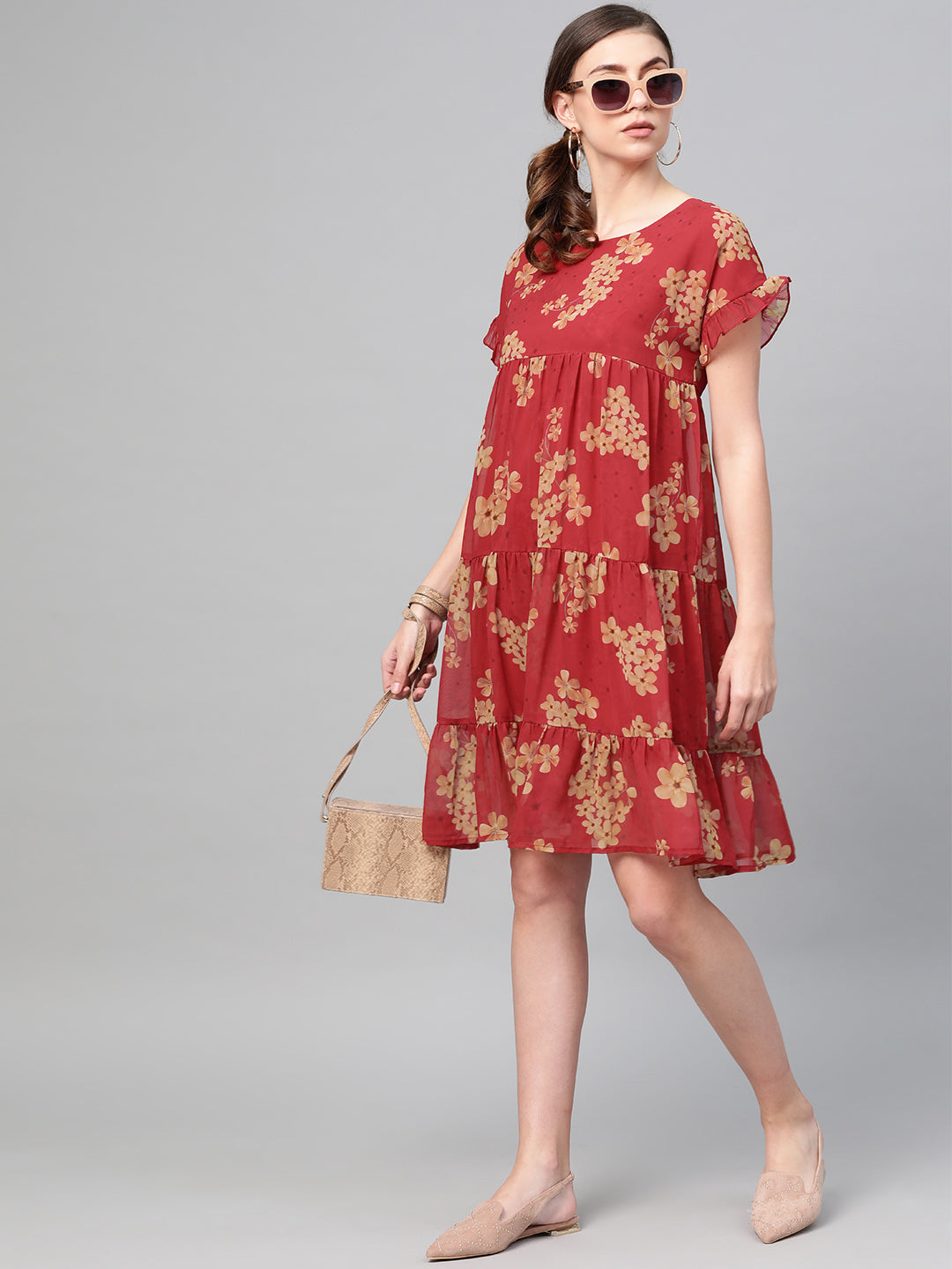 Women Red Floral Tiered Trapeze Dress