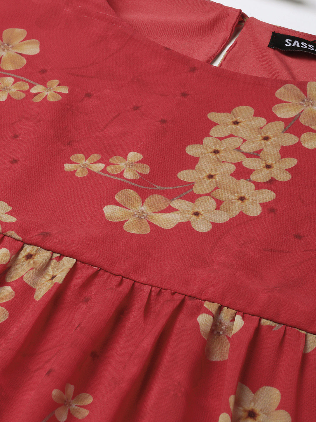 Women Red Floral Tiered Trapeze Dress