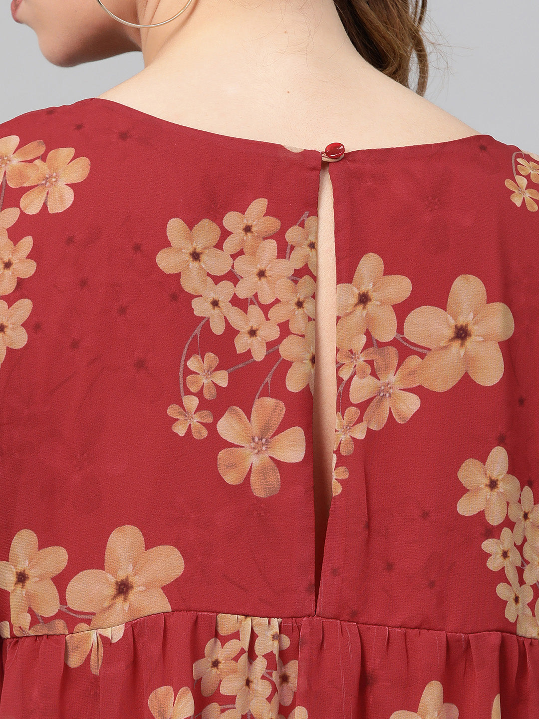 Women Red Floral Tiered Trapeze Dress