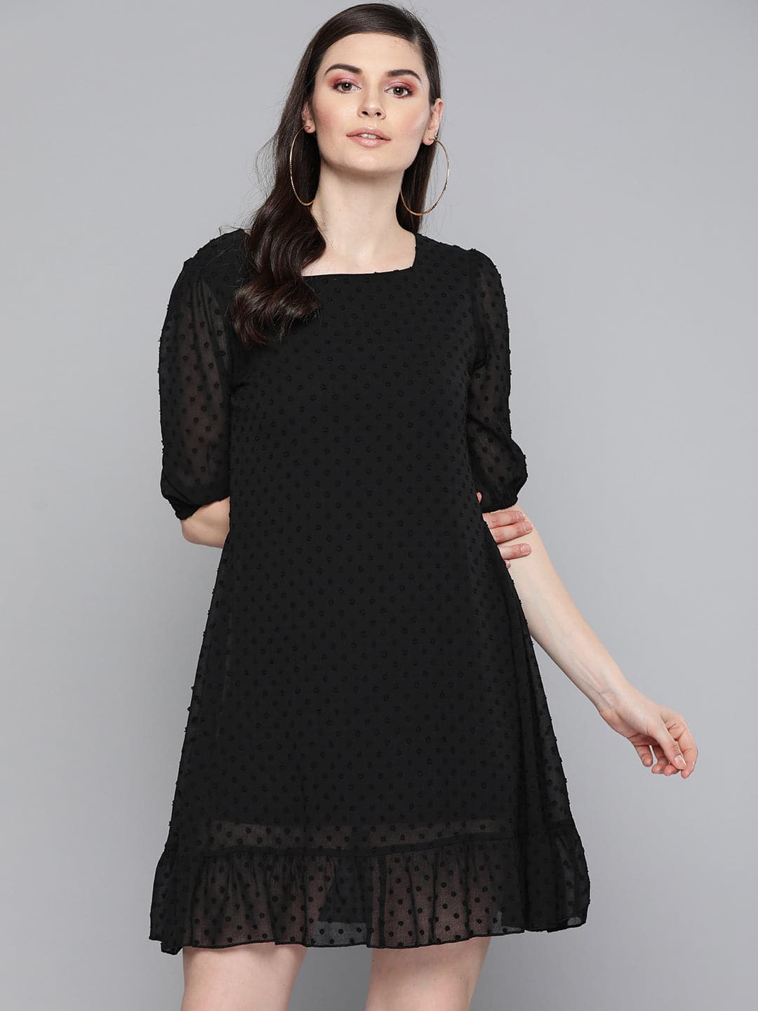 Women Black Dobby Frill Hem Short Dress