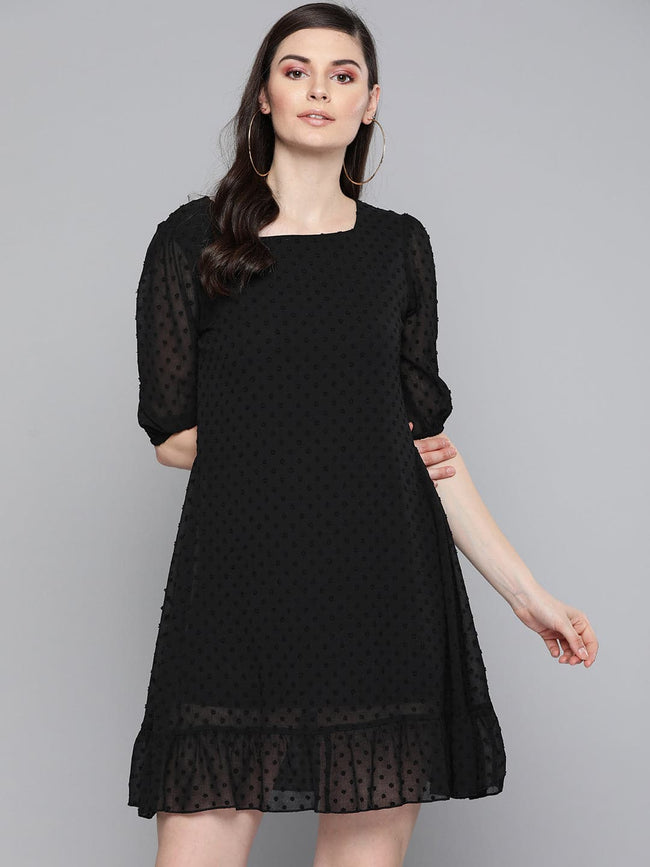 Women Black Dobby Frill Hem Short Dress
