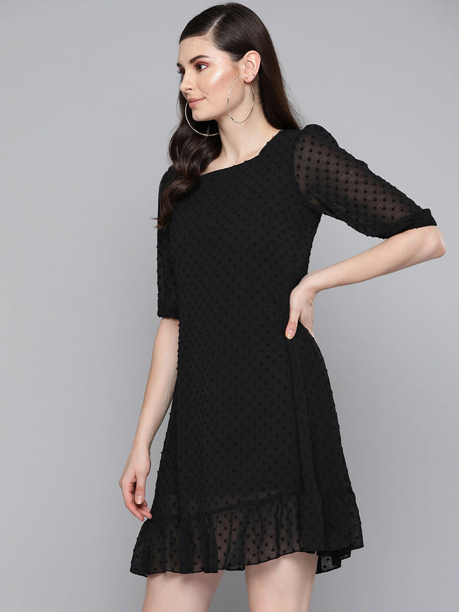 Women Black Dobby Frill Hem Short Dress