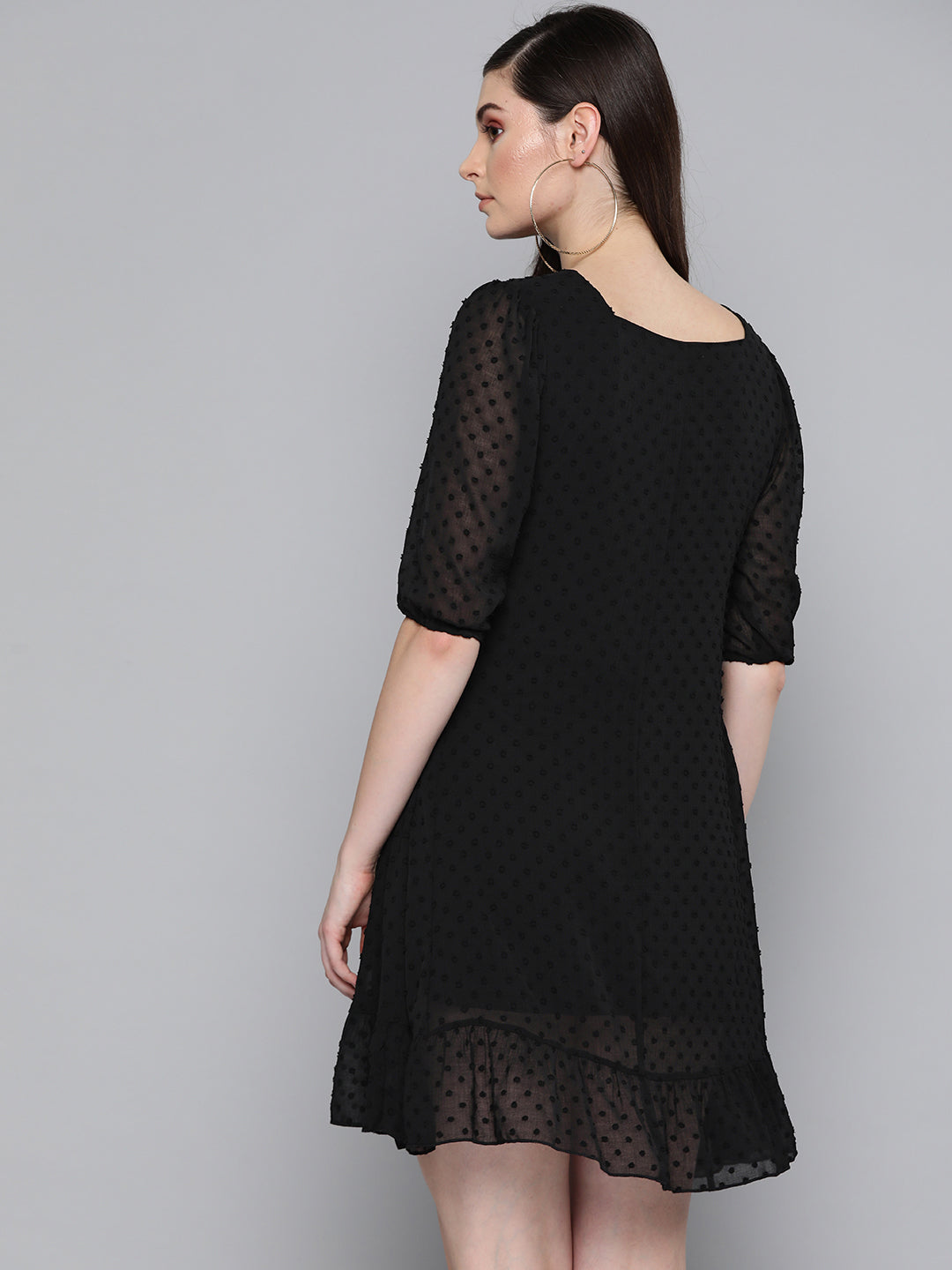 Women Black Dobby Frill Hem Short Dress