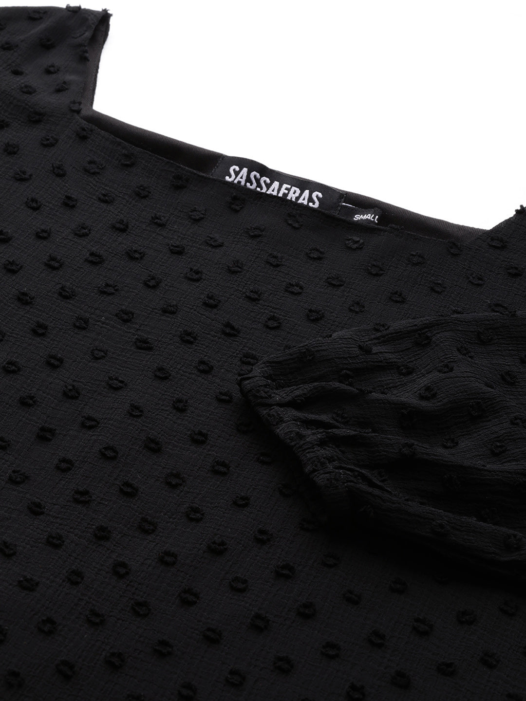 Women Black Dobby Frill Hem Short Dress