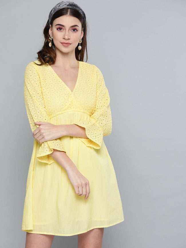 Women Lemon Yellow Schiffli Shift Dress