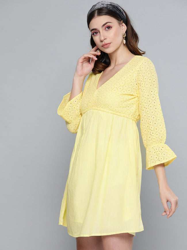 Women Lemon Yellow Schiffli Shift Dress