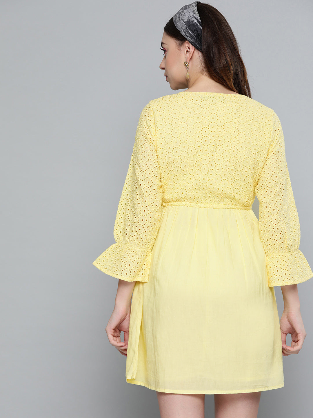 Women Lemon Yellow Schiffli Shift Dress