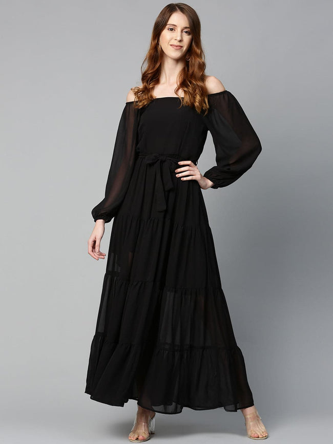 Women Black Square Neck Tiered Maxi Dress