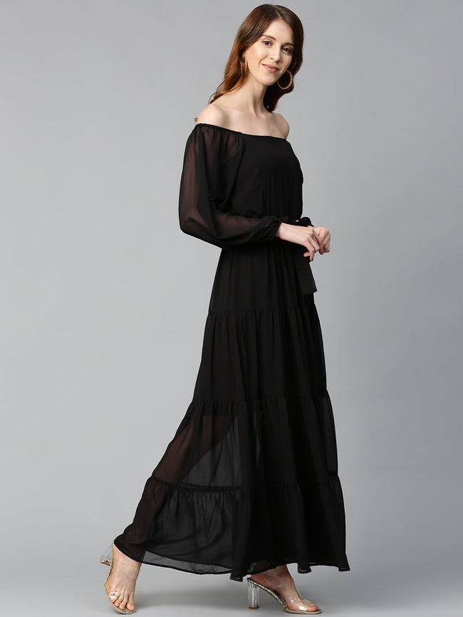 Women Black Square Neck Tiered Maxi Dress