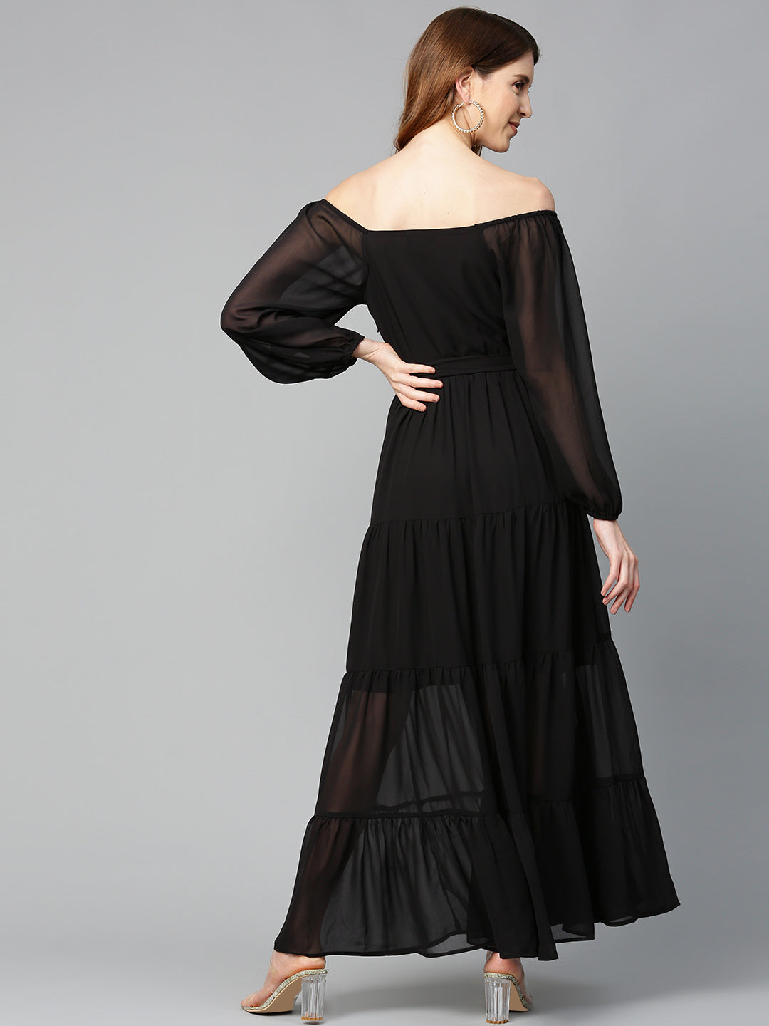 Women Black Square Neck Tiered Maxi Dress