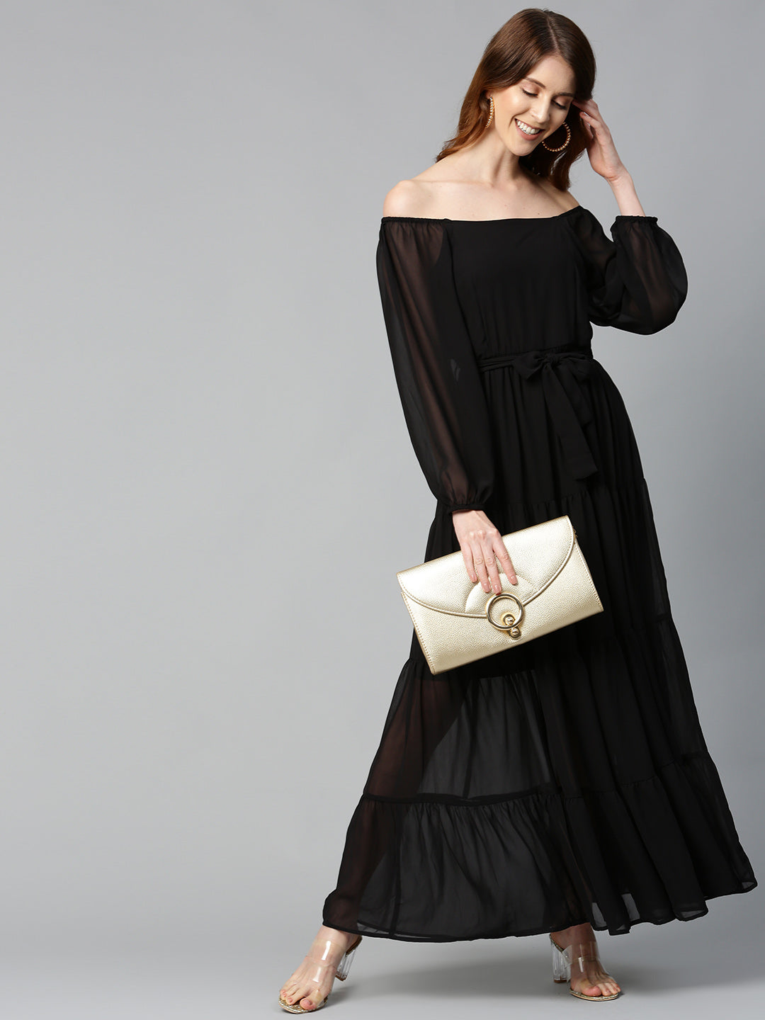 Women Black Square Neck Tiered Maxi Dress