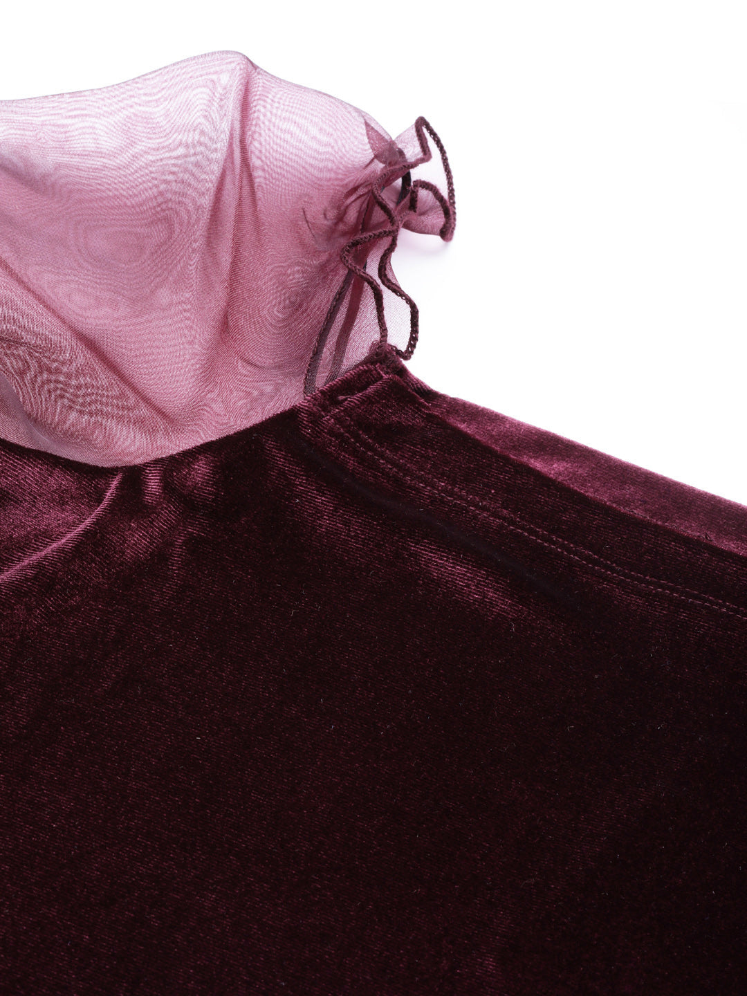 Women Burgundy Velvet Puff Sleeve Short