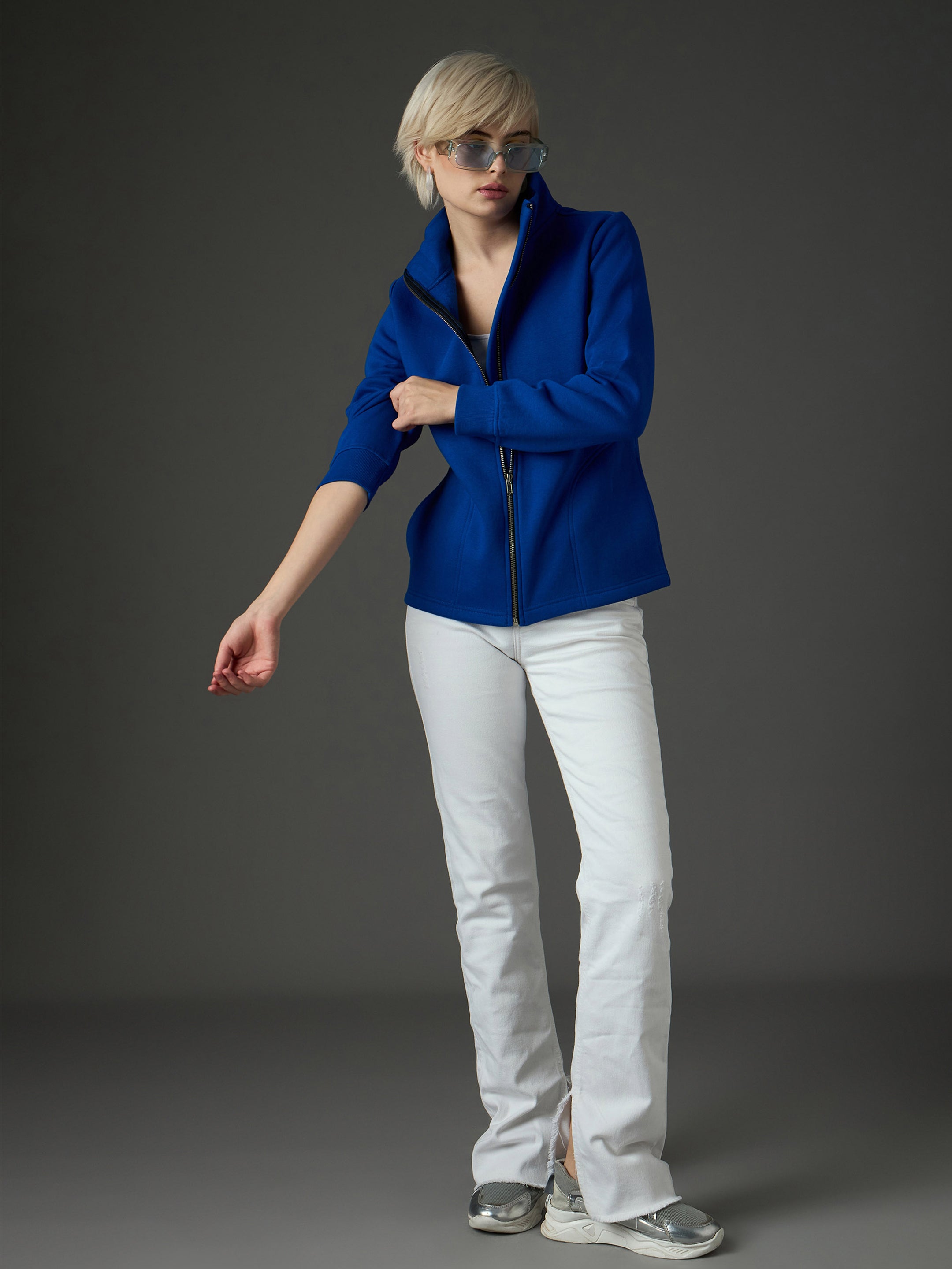 Women Royal Blue Fleece Front Zipper Jacket