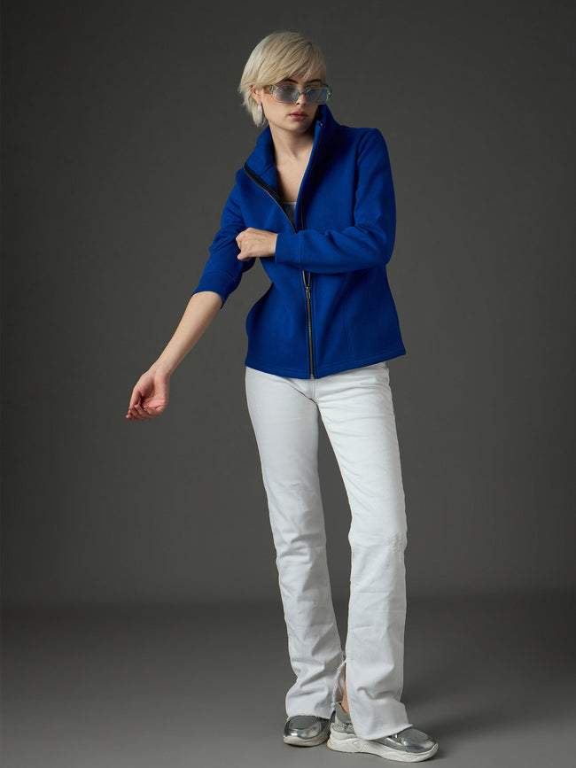 Women Royal Blue Fleece Front Zipper Jacket