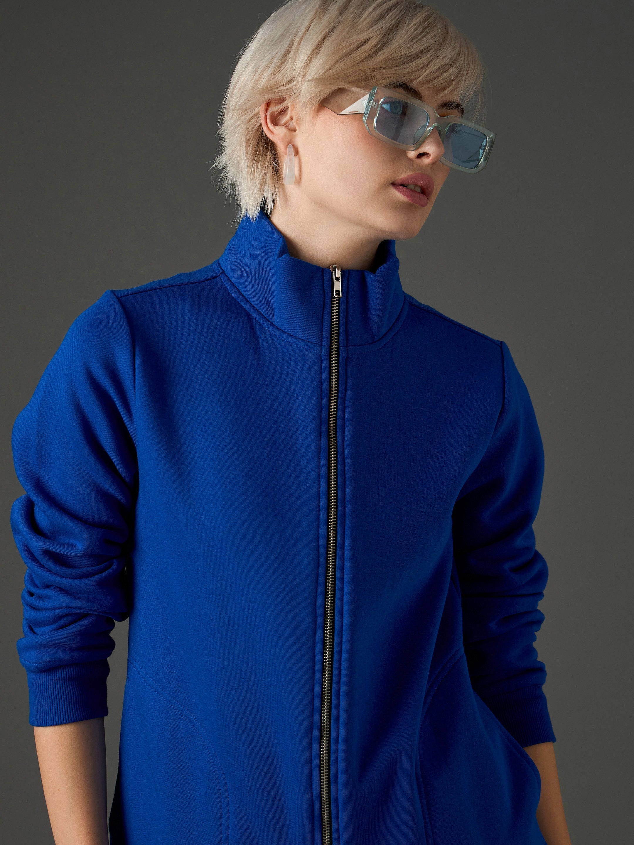 Women Royal Blue Fleece Front Zipper Jacket