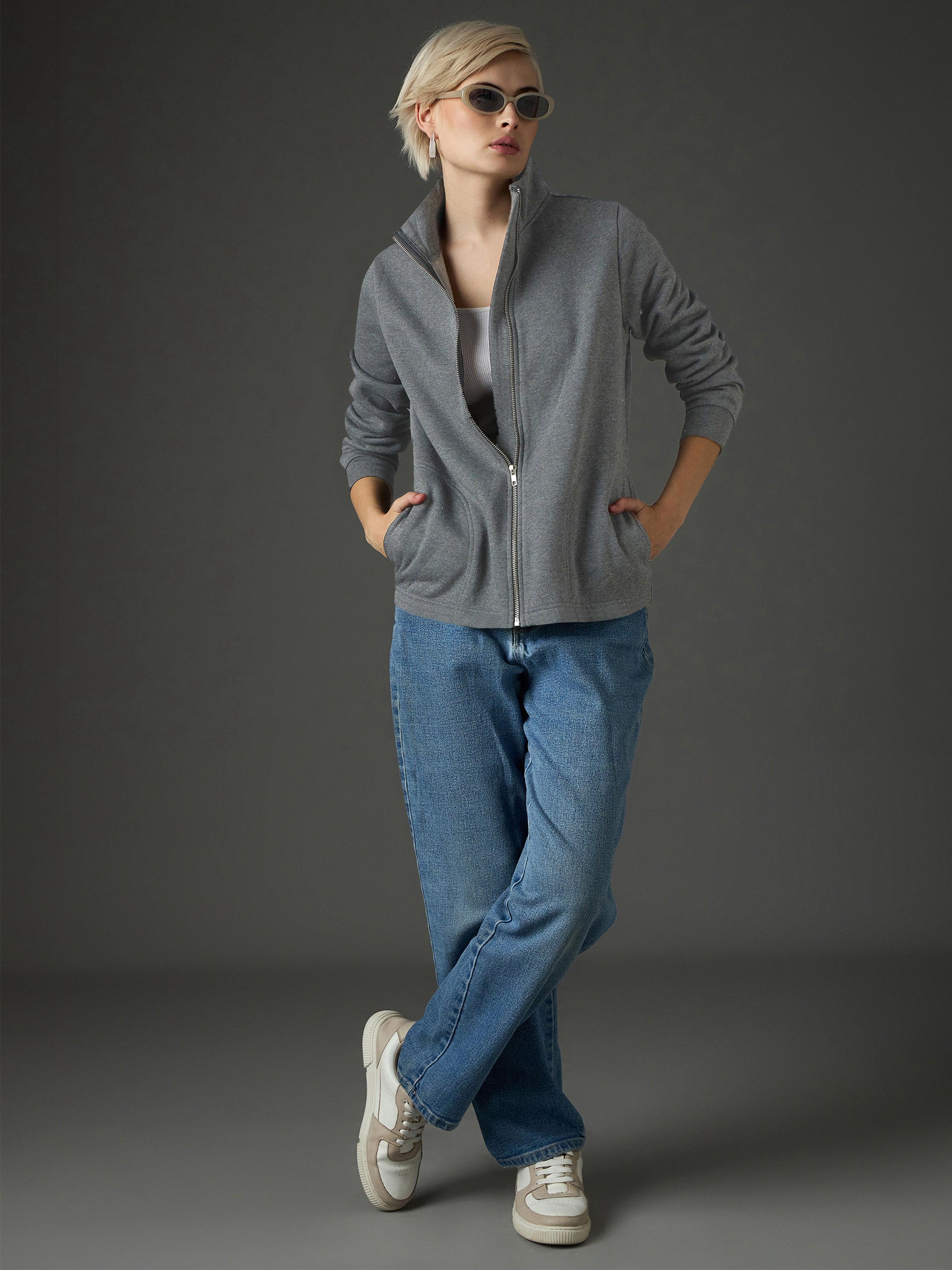 Women Dark Grey Fleece Front Zipper Jacket