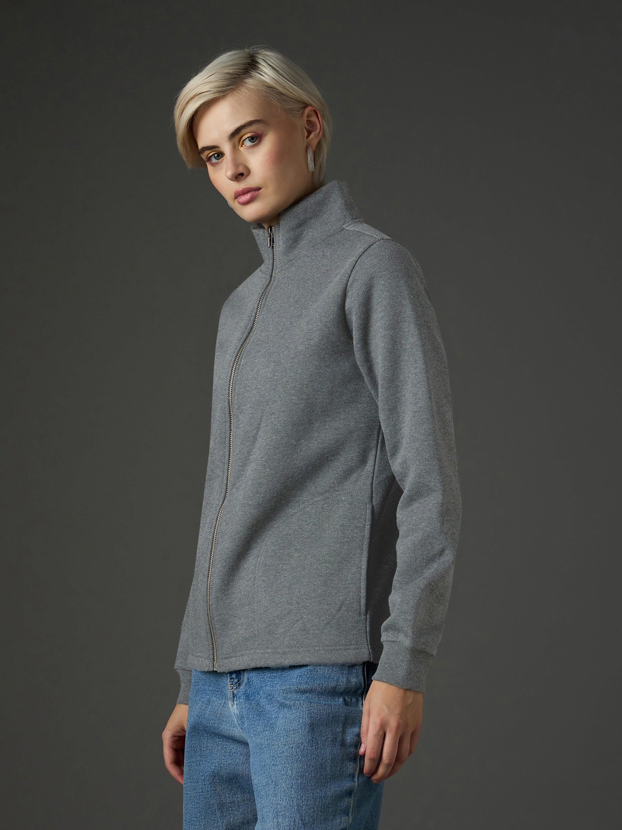 Women Dark Grey Fleece Front Zipper Jacket