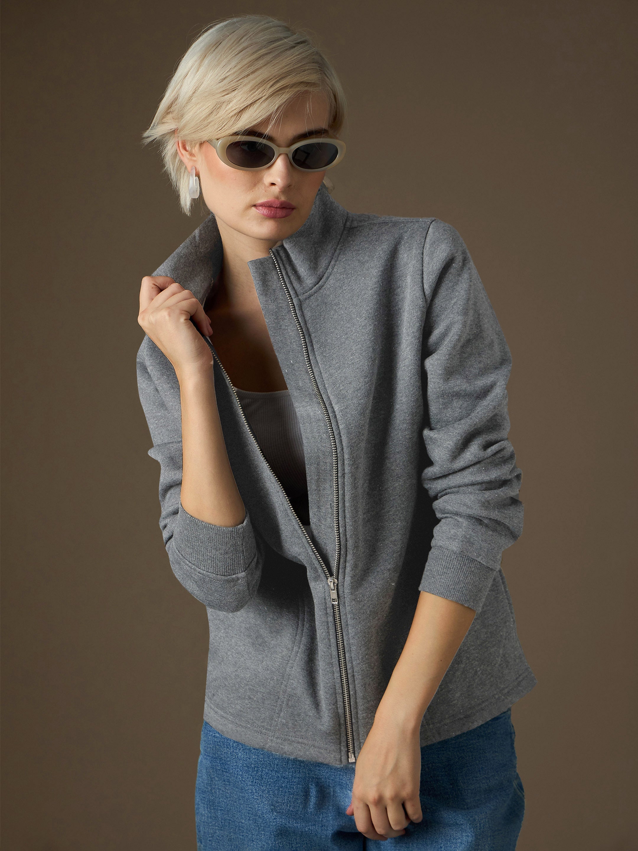 Women Dark Grey Fleece Front Zipper Jacket