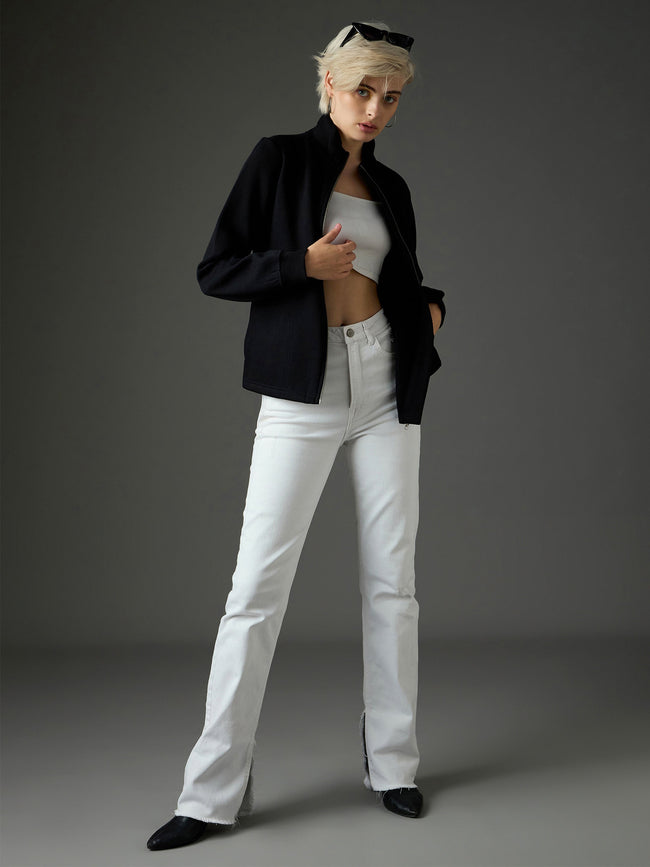 Women Black Fleece Front Zipper Jacket