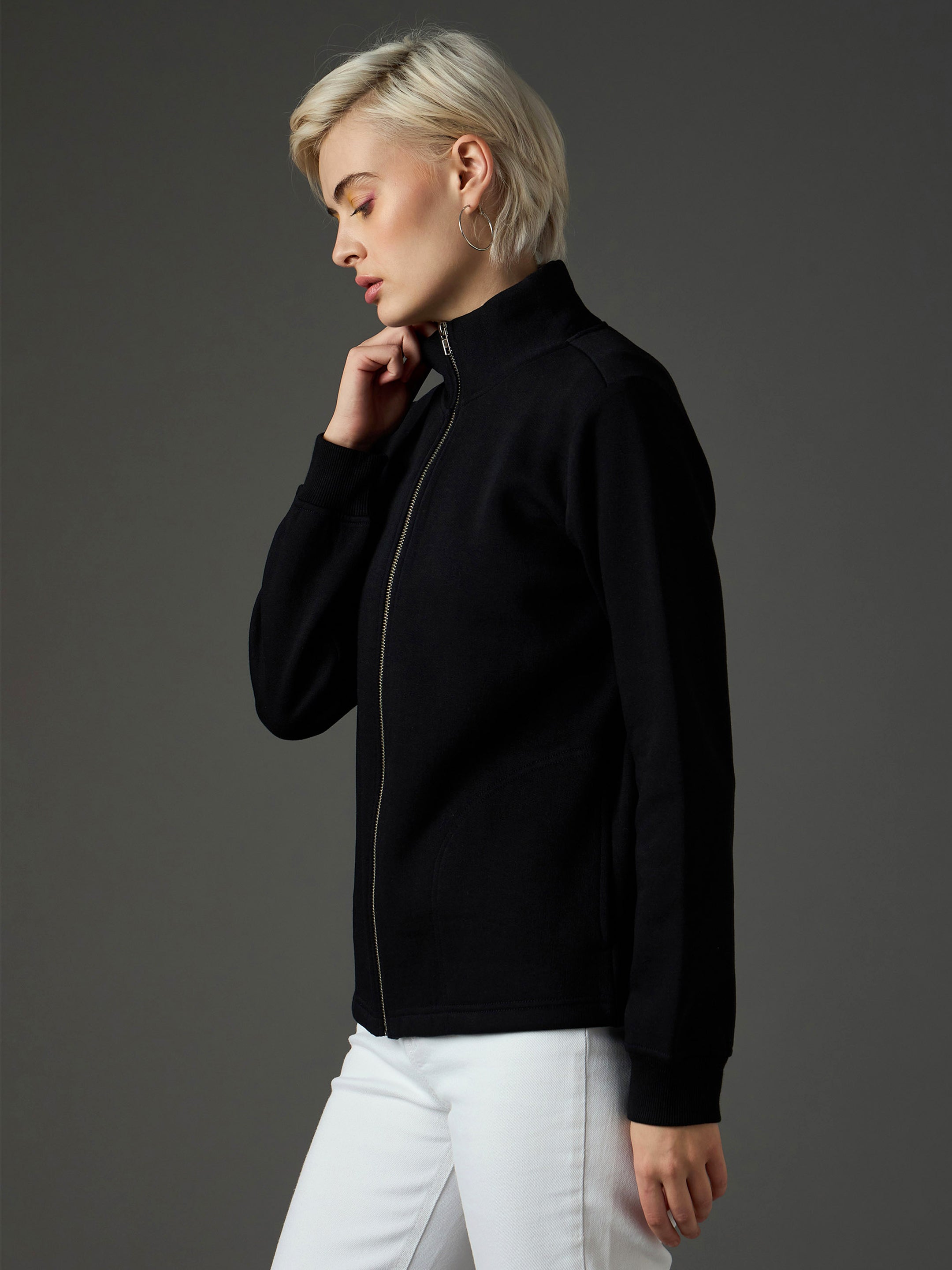 Women Black Fleece Front Zipper Jacket