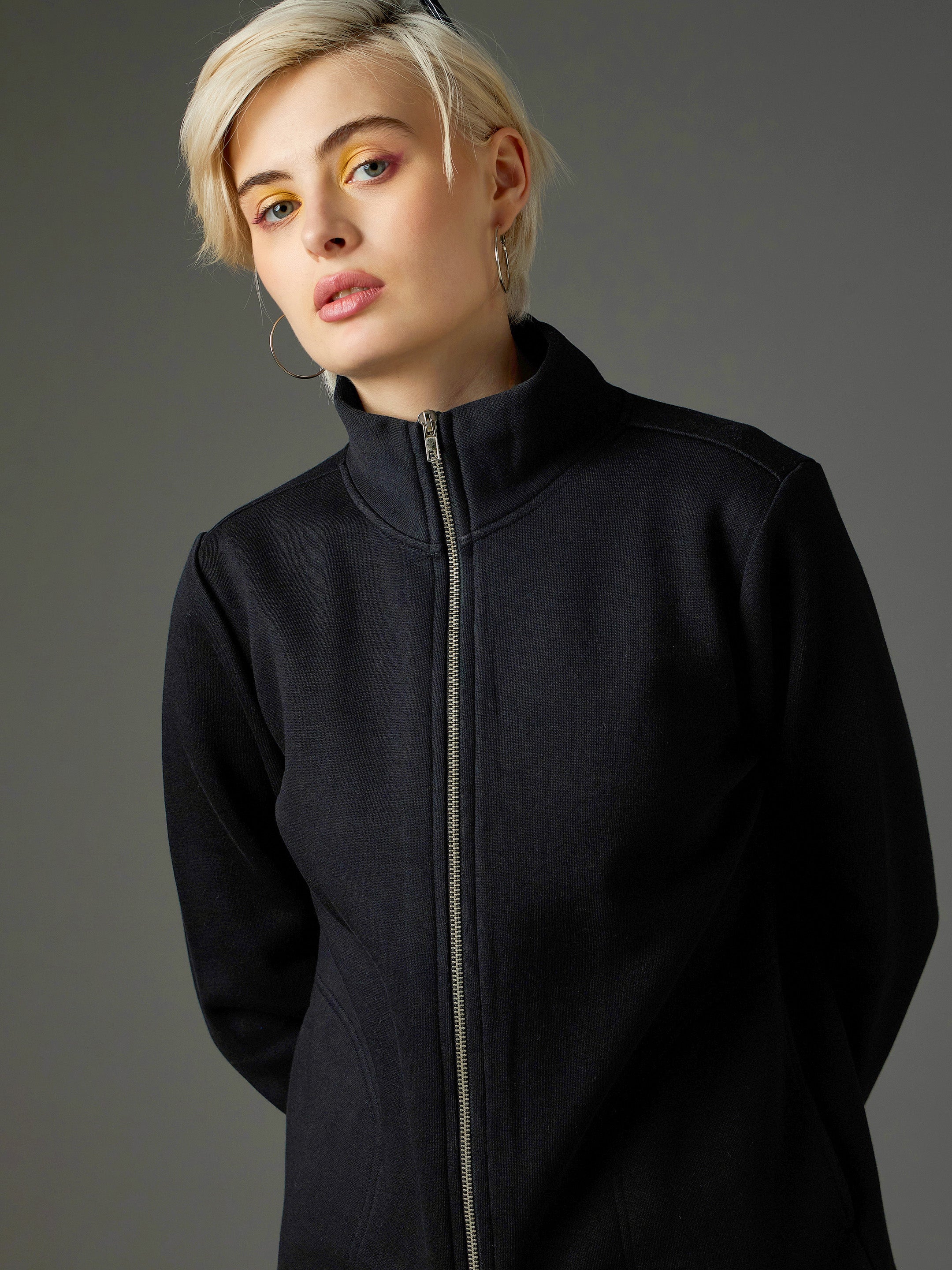 Women Black Fleece Front Zipper Jacket
