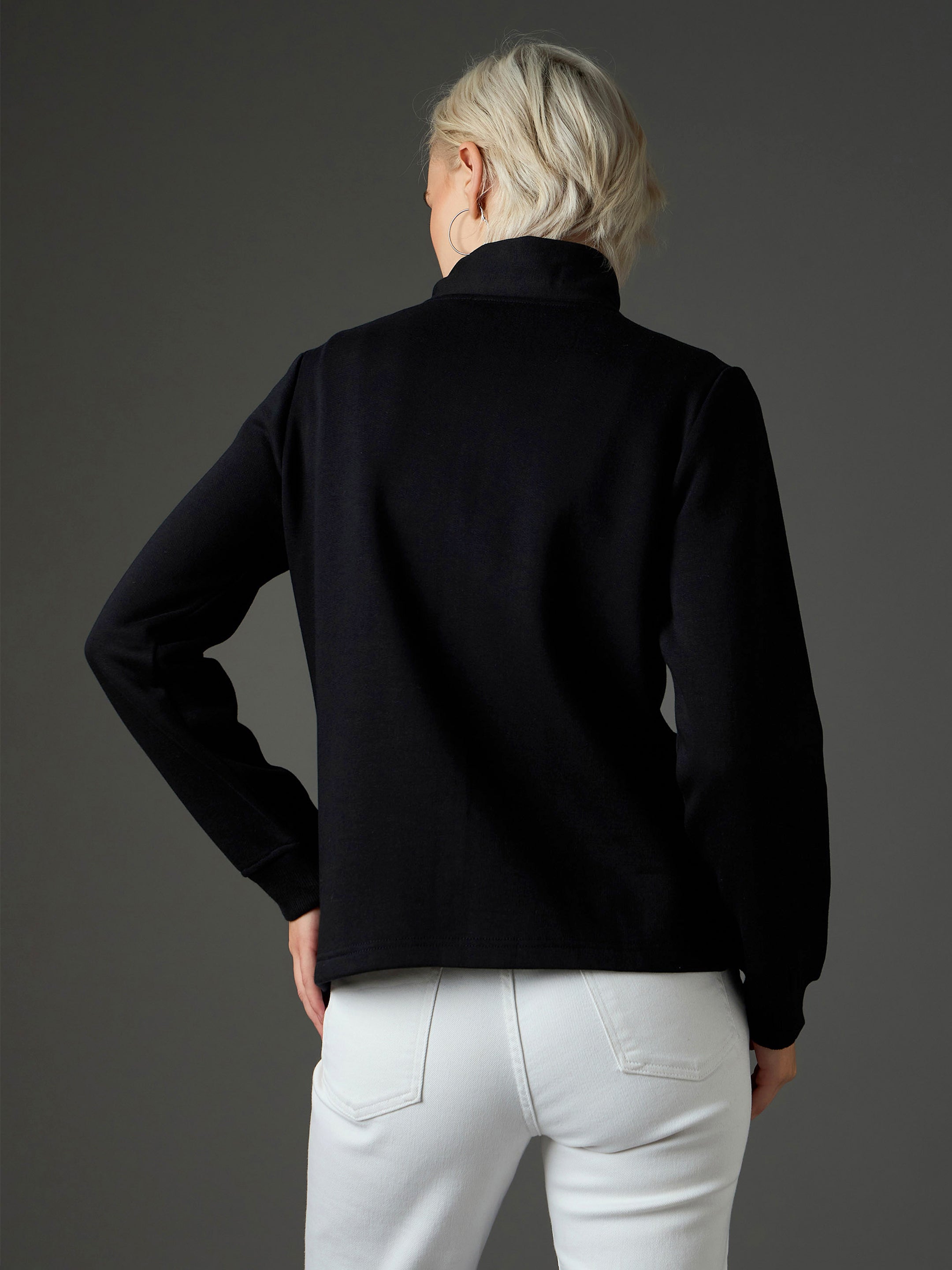 Women Black Fleece Front Zipper Jacket