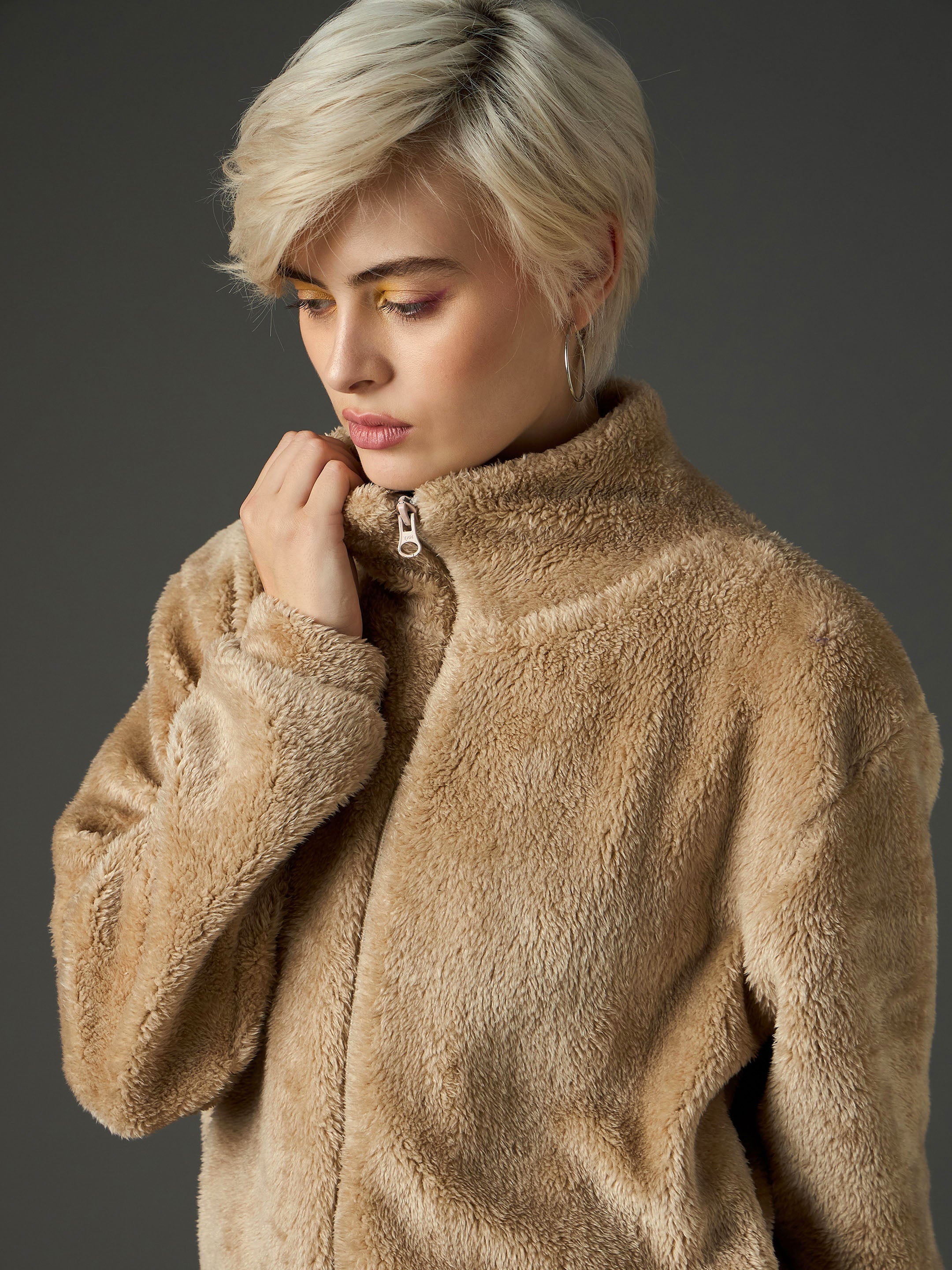 Women Beige Drawstring Faux Fur Jacket