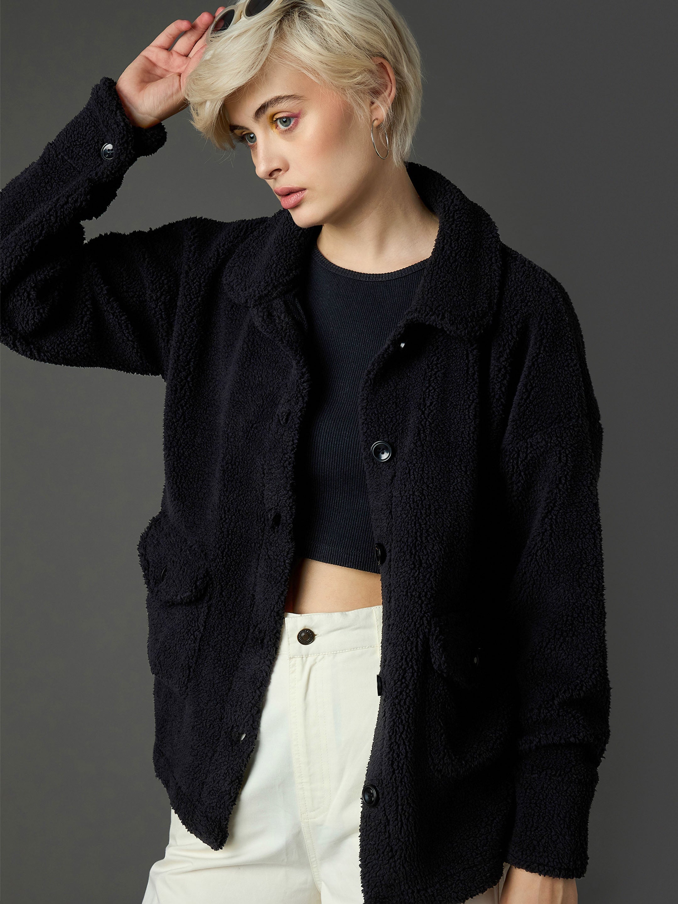 Women Black Faux Fur Oversized Jacket