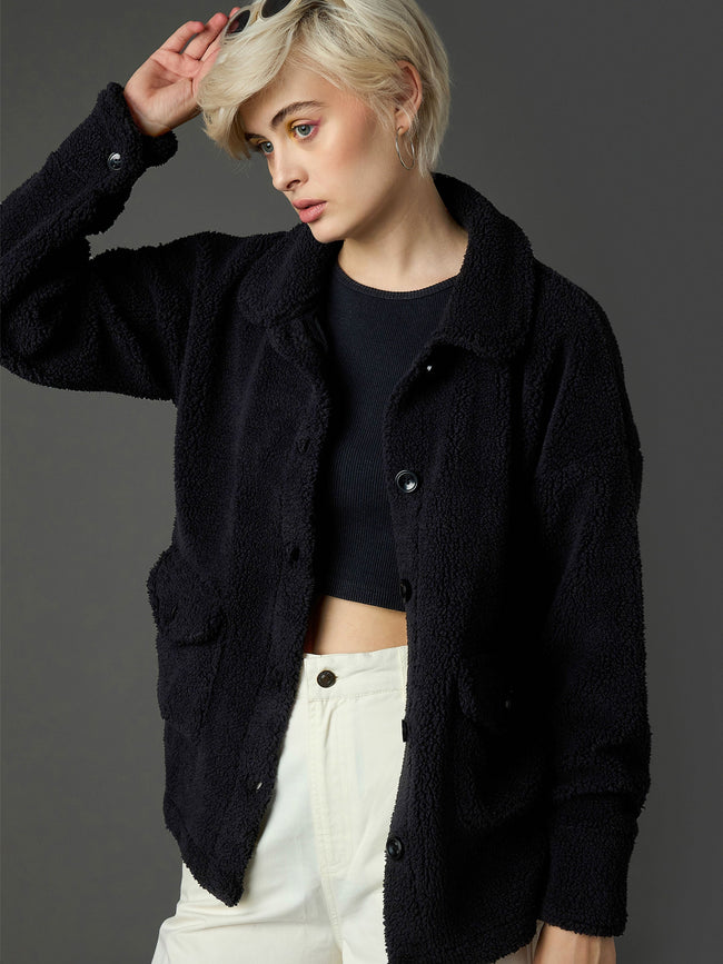 Women Black Faux Fur Oversized Jacket