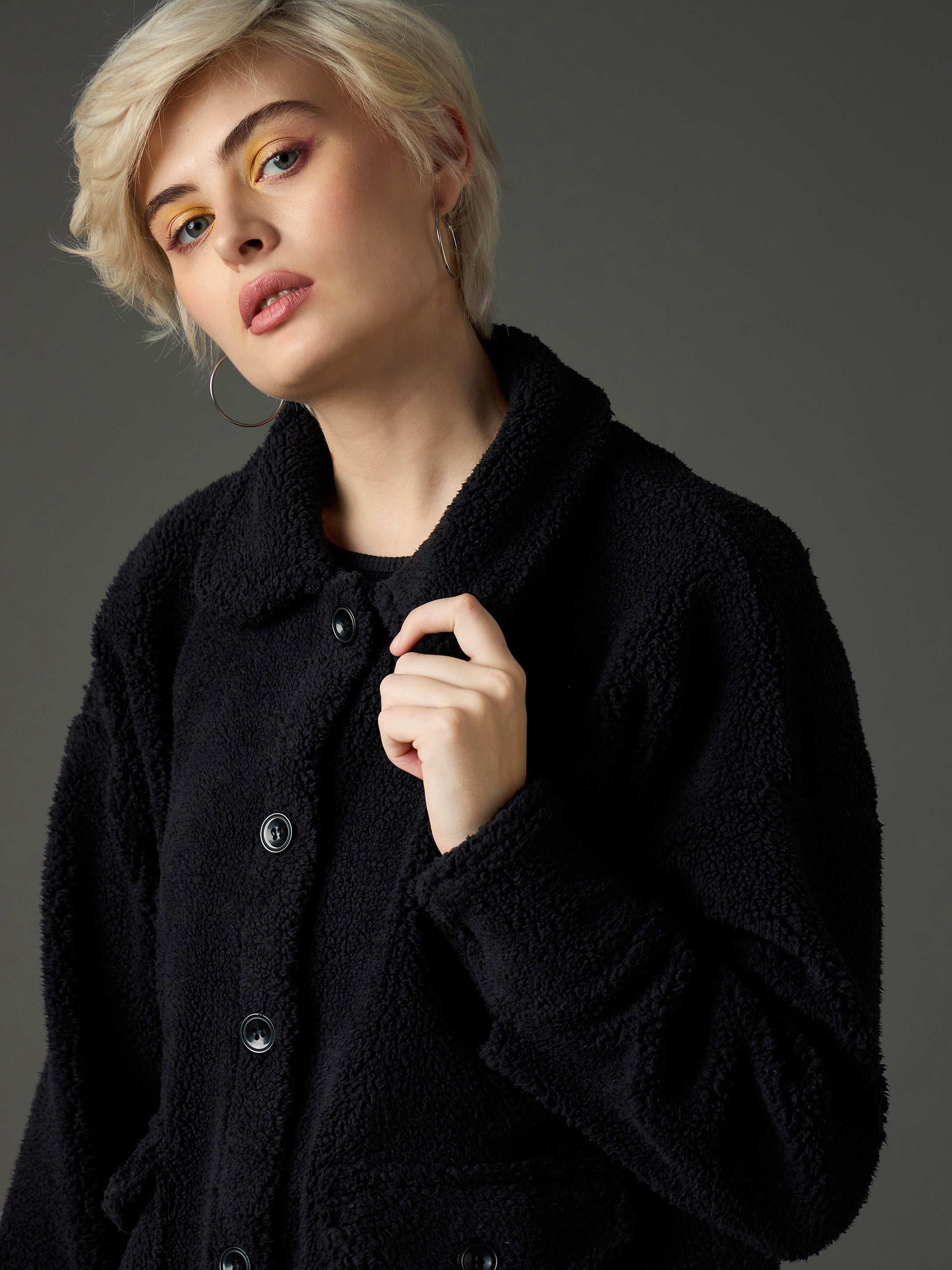 Women Black Faux Fur Oversized Jacket