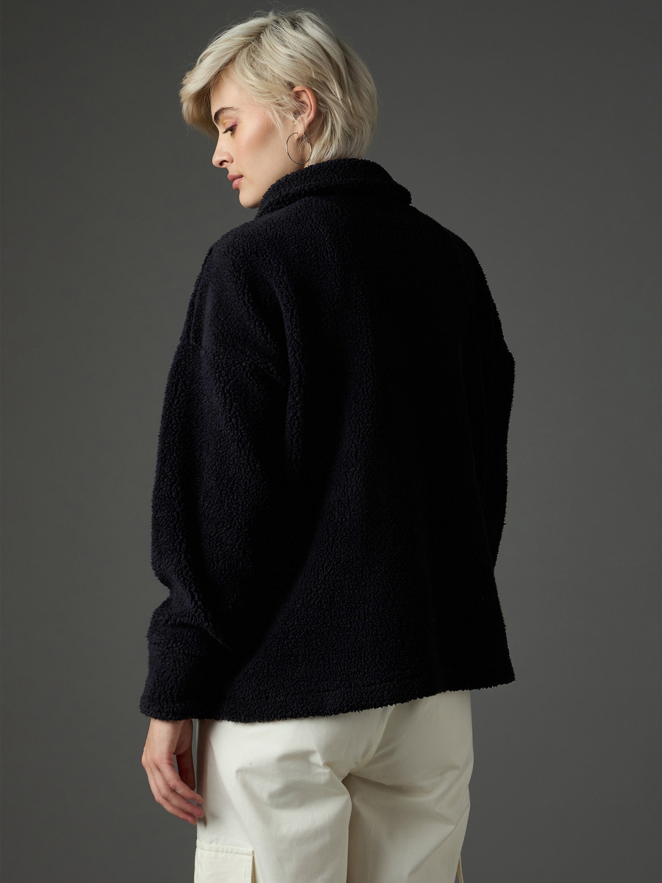 Women Black Faux Fur Oversized Jacket