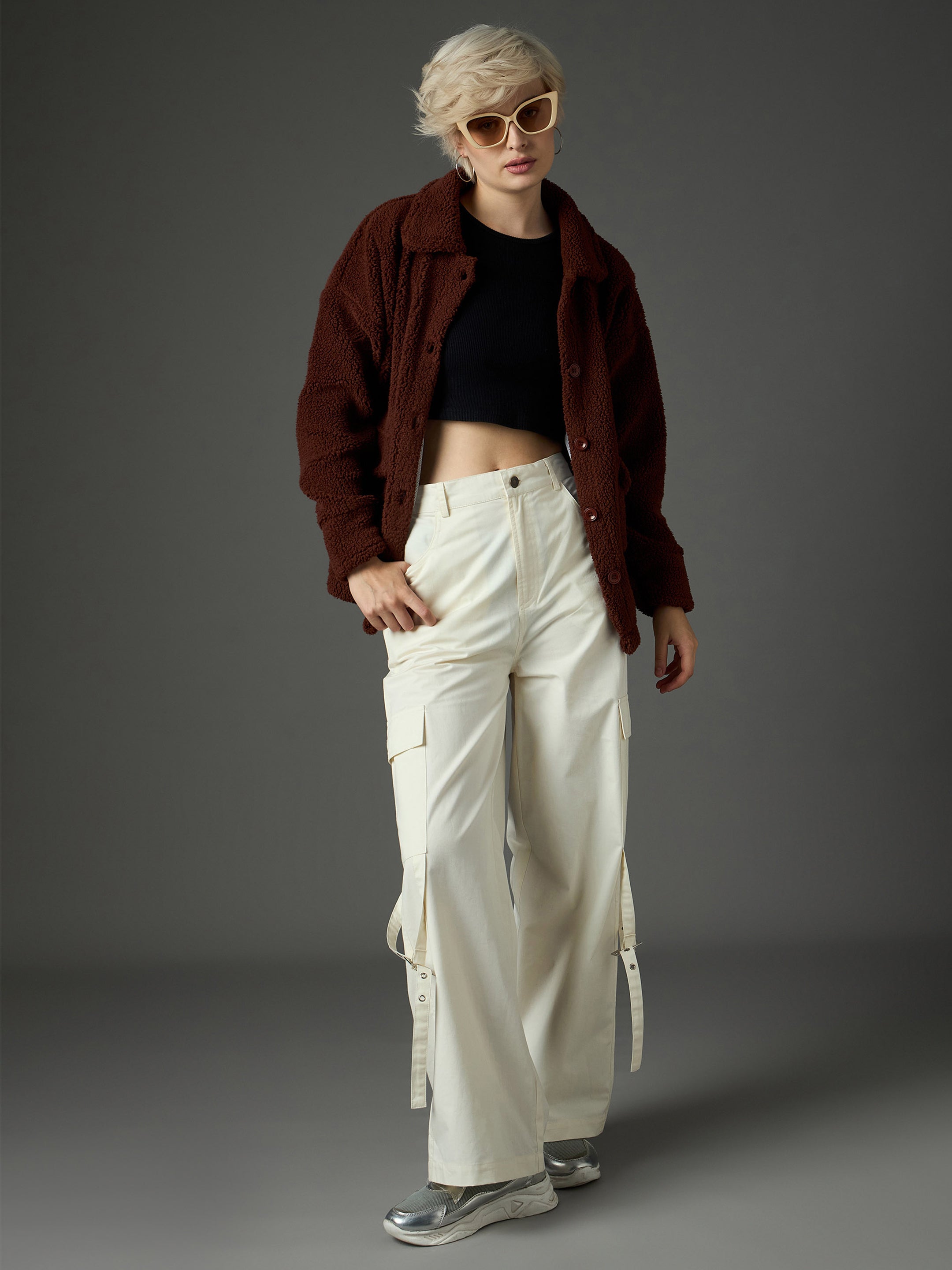 Women Brown Faux Fur Oversized Jacket