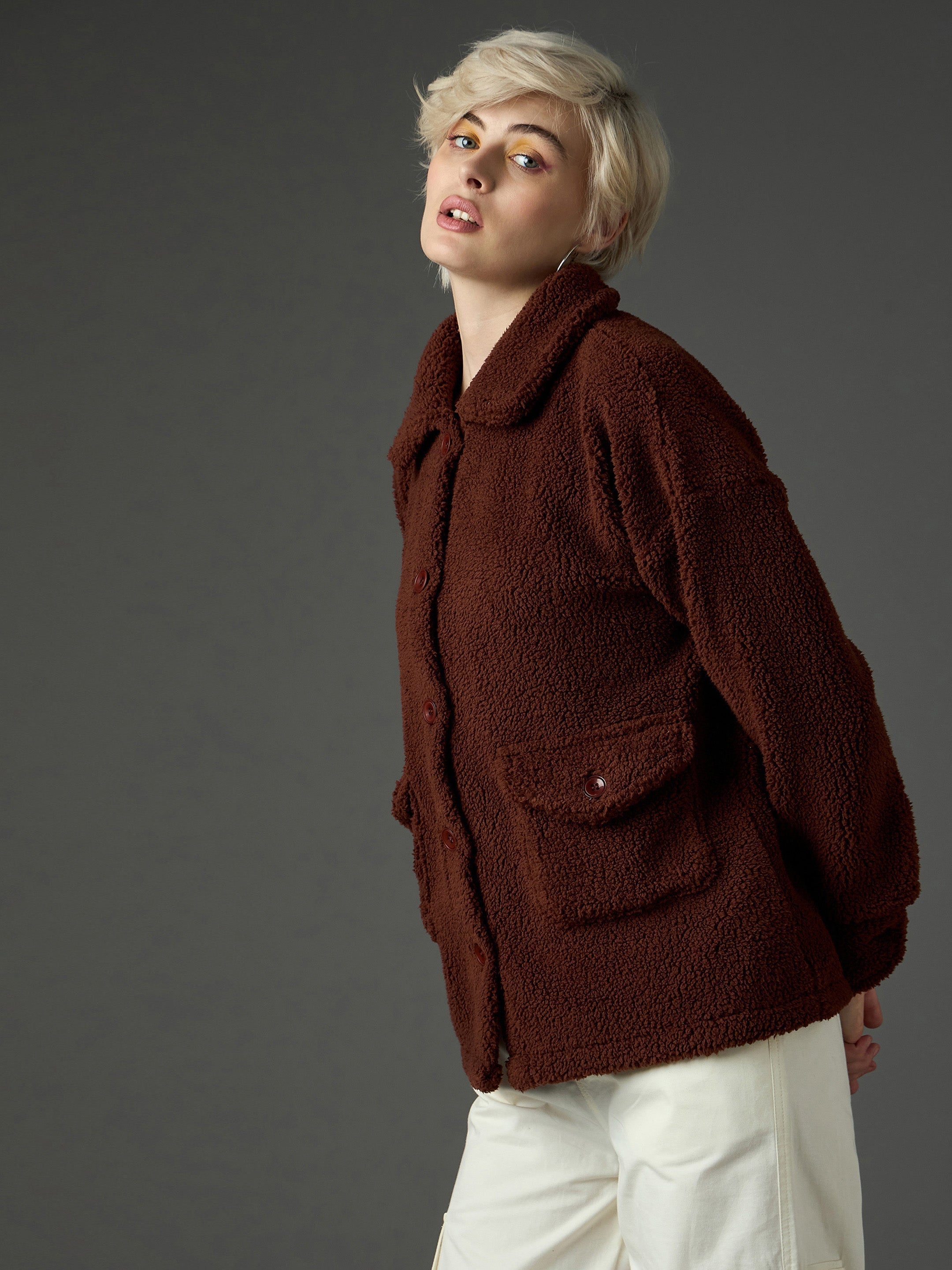 Women Brown Faux Fur Oversized Jacket