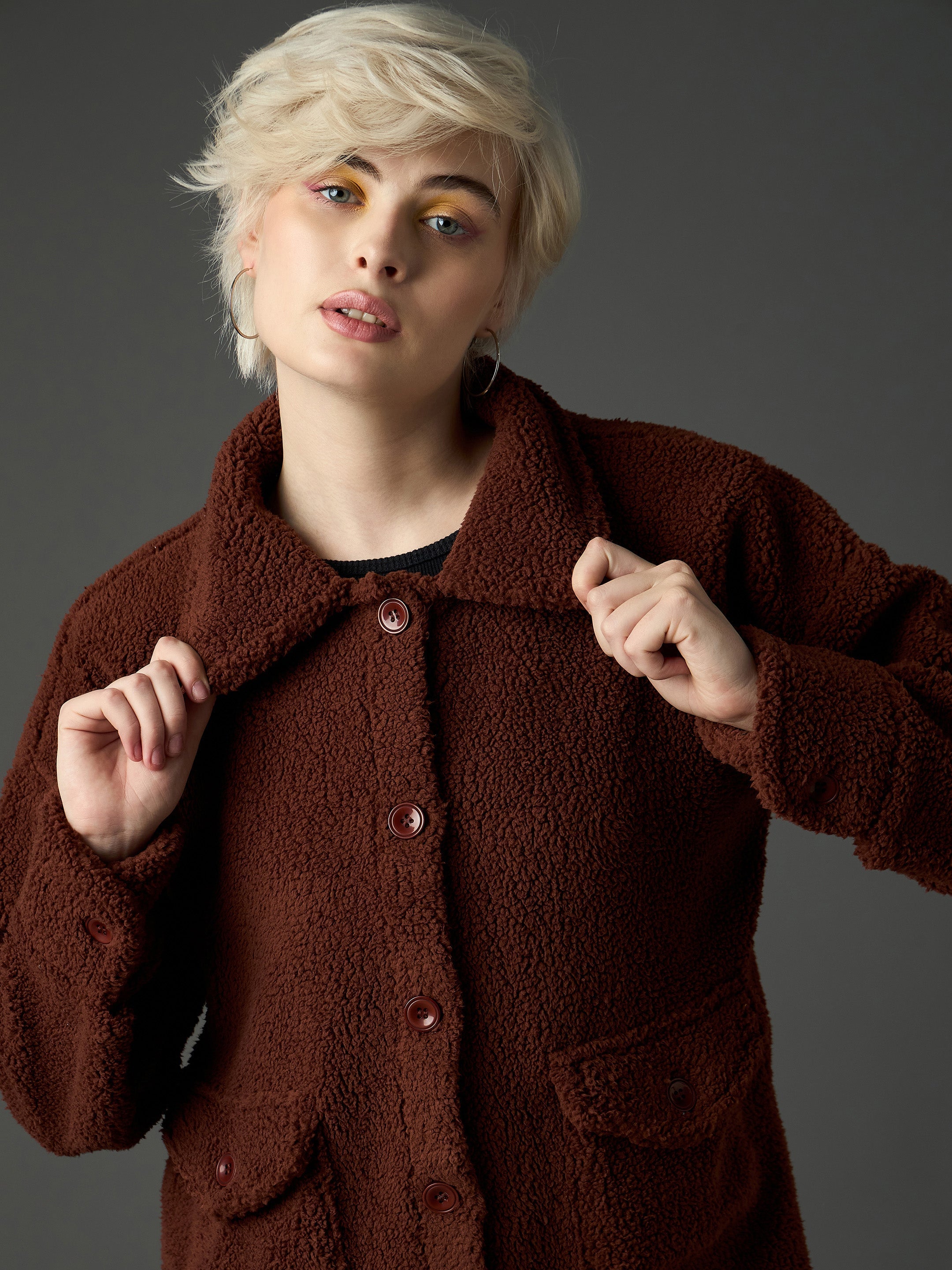Women Brown Faux Fur Oversized Jacket