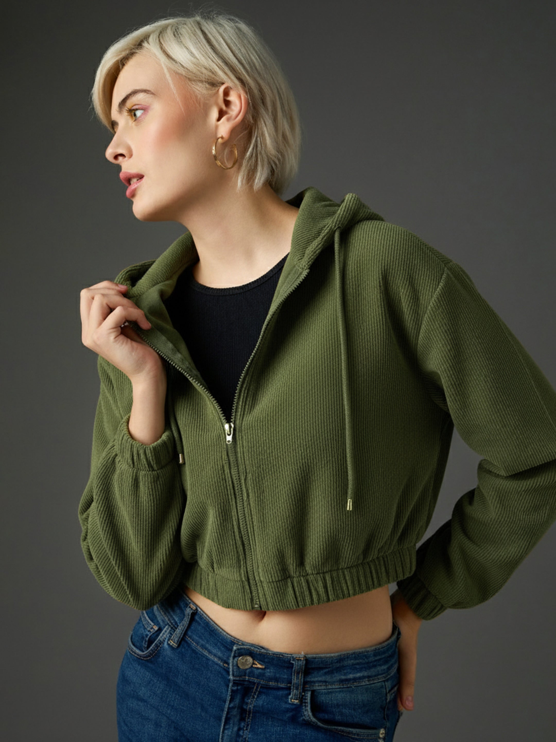 Women Olive Hooded Boxy Corduroy Crop Jacket