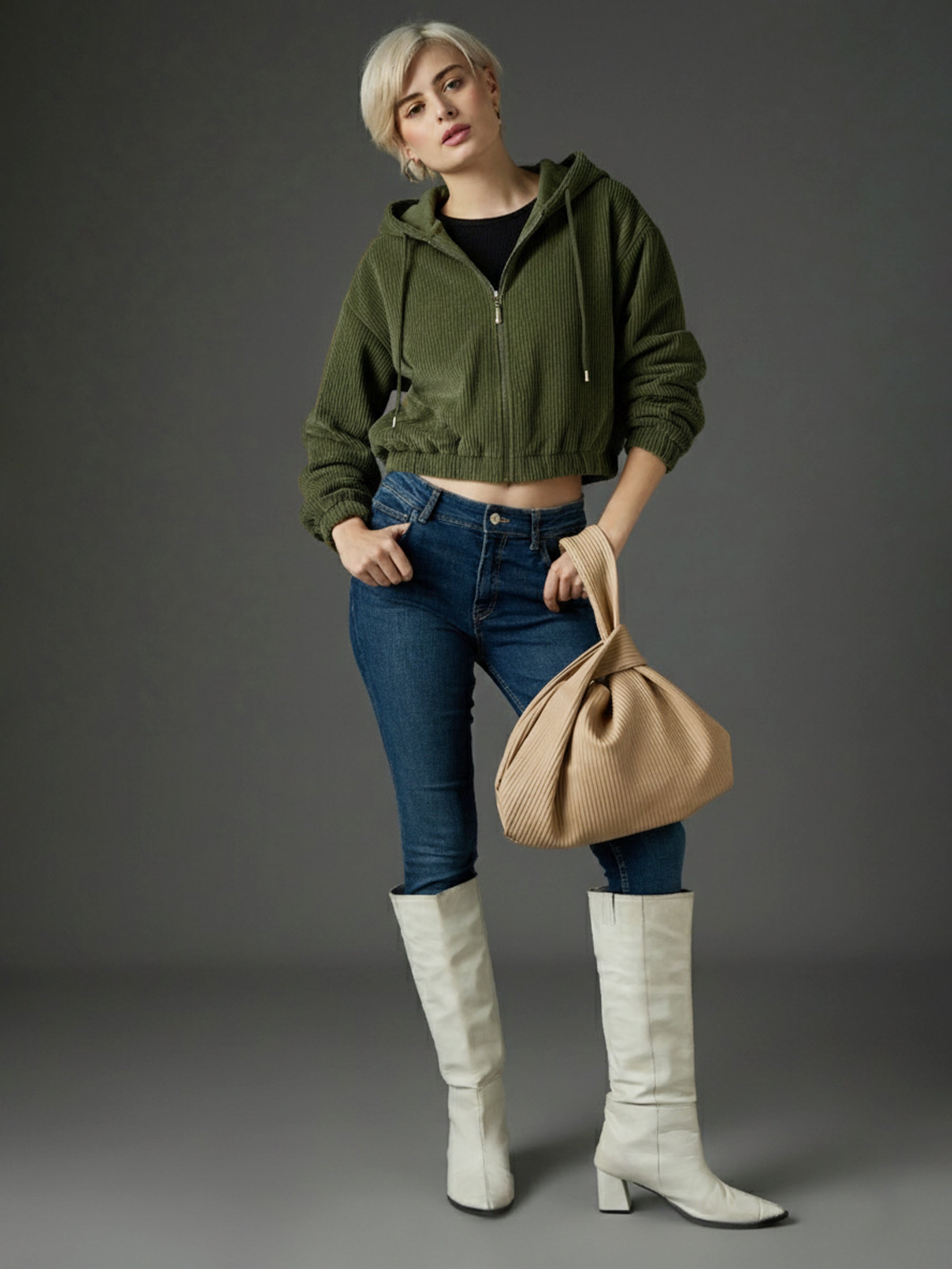 Women Olive Hooded Boxy Corduroy Crop Jacket