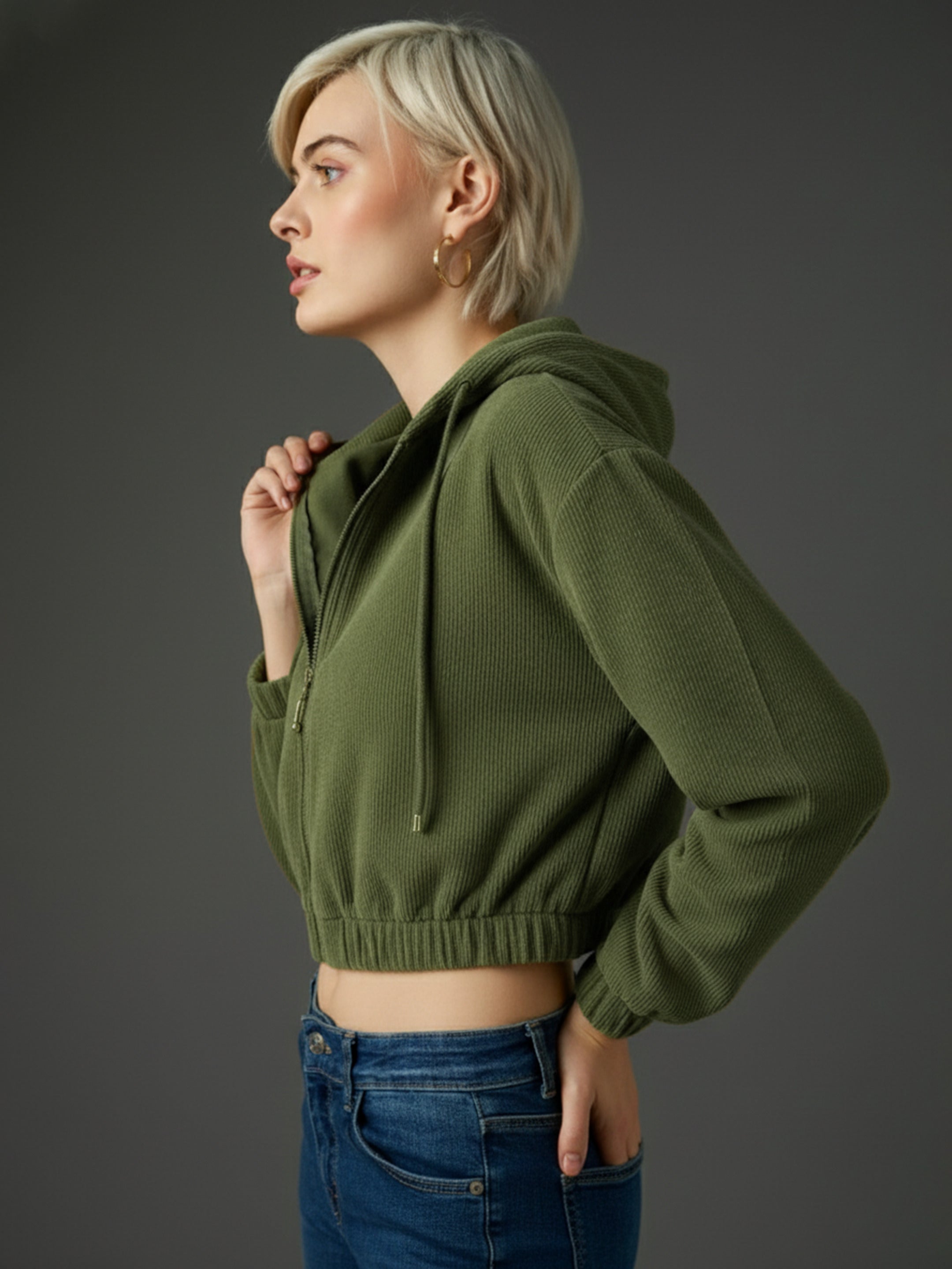 Women Olive Hooded Boxy Corduroy Crop Jacket