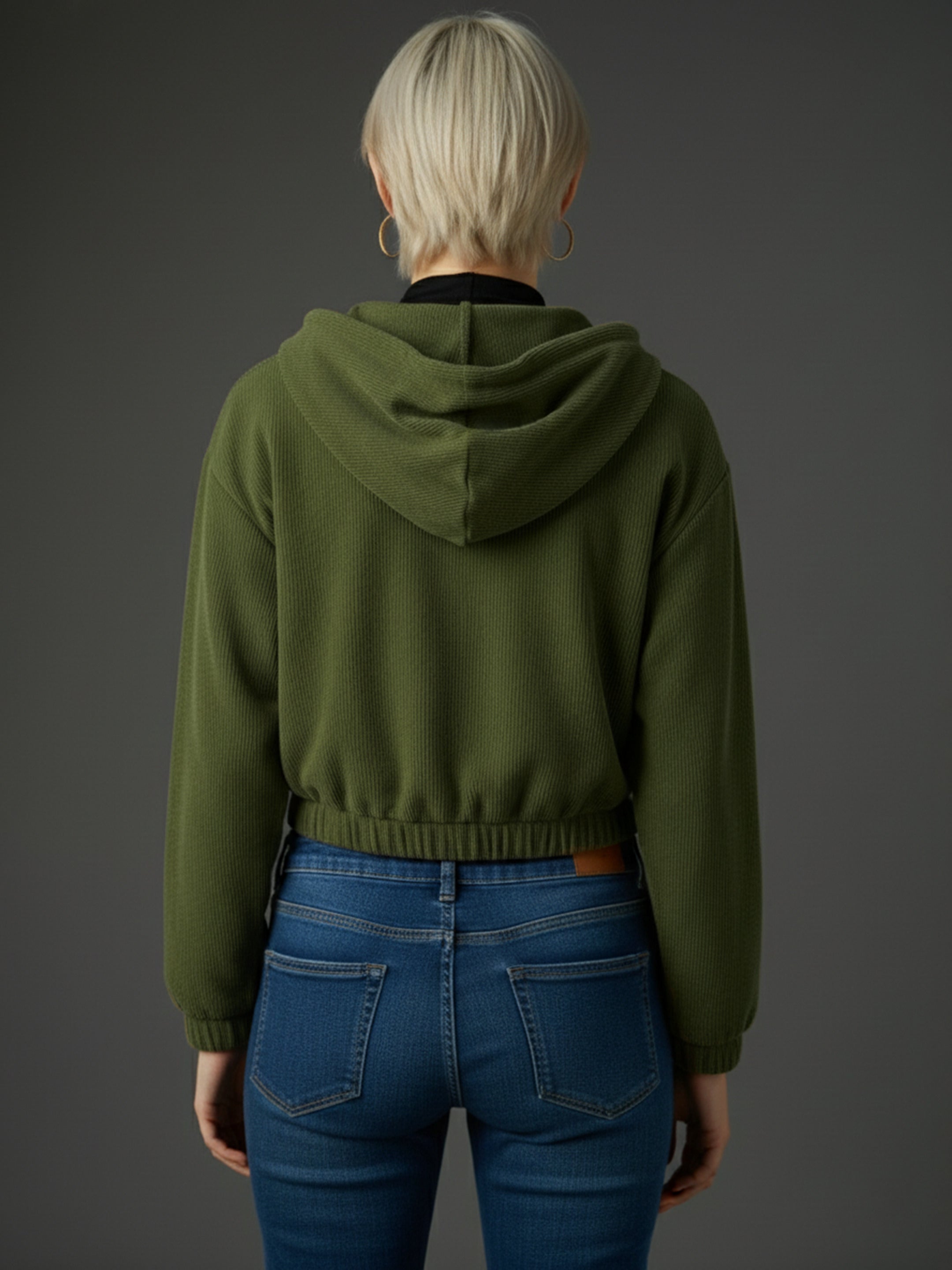 Women Olive Hooded Boxy Corduroy Crop Jacket