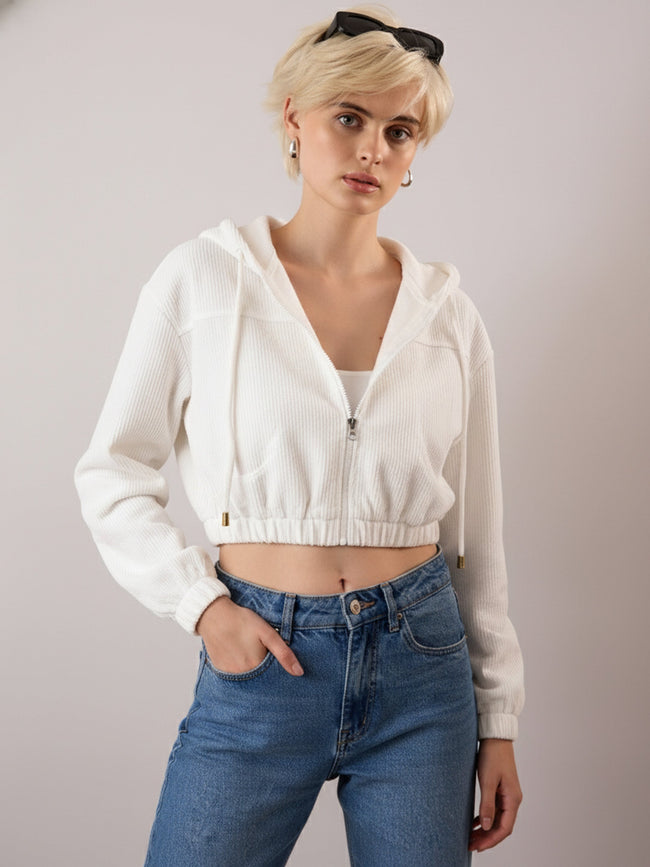Women White Hooded Boxy Corduroy Crop Jacket