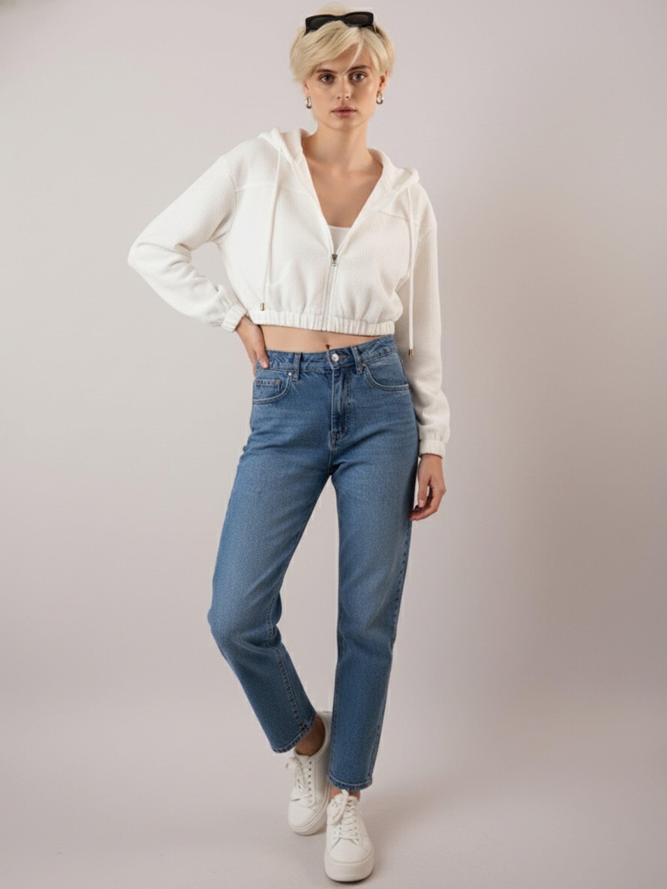 Women White Hooded Boxy Corduroy Crop Jacket