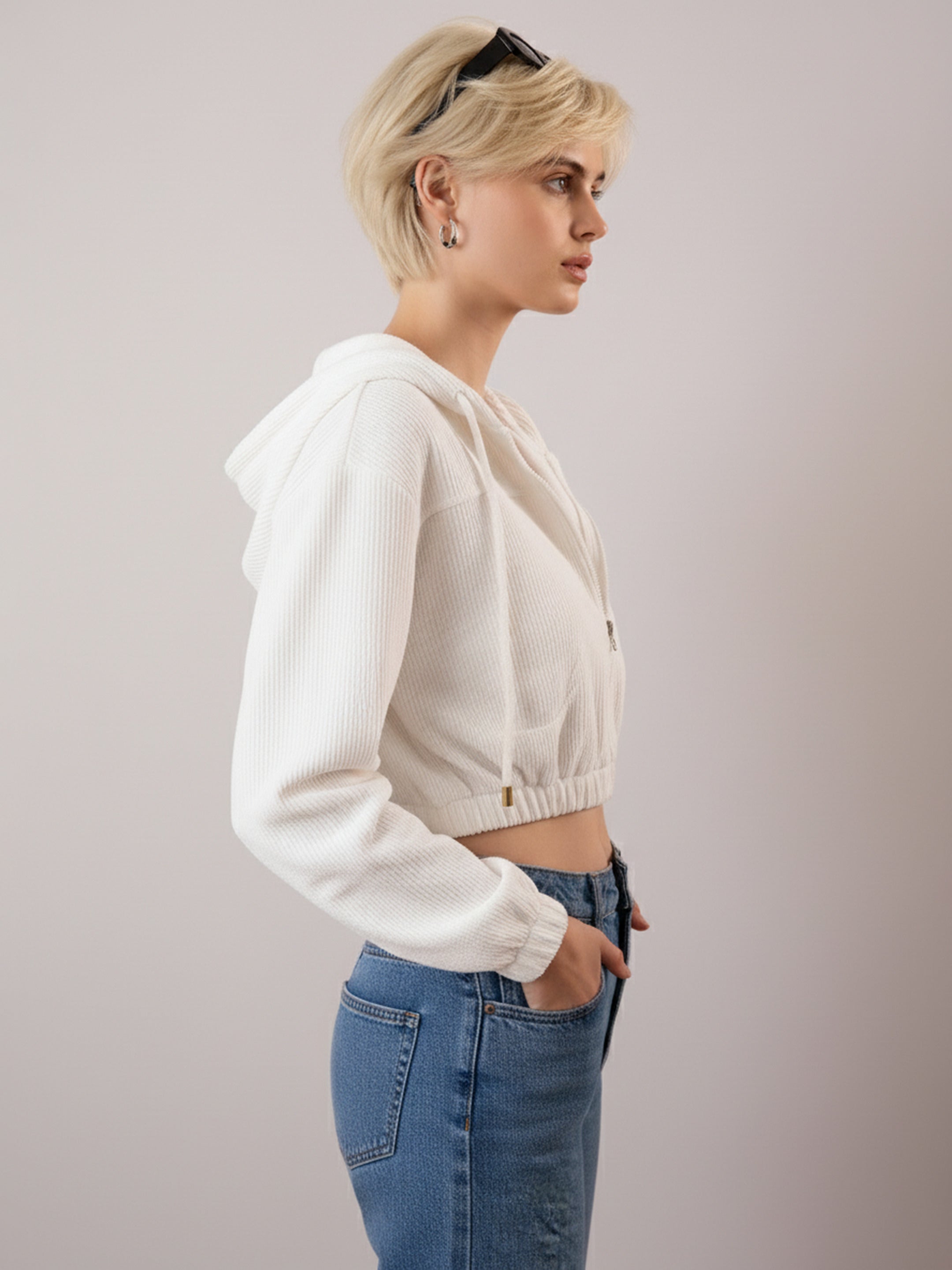 Women White Hooded Boxy Corduroy Crop Jacket