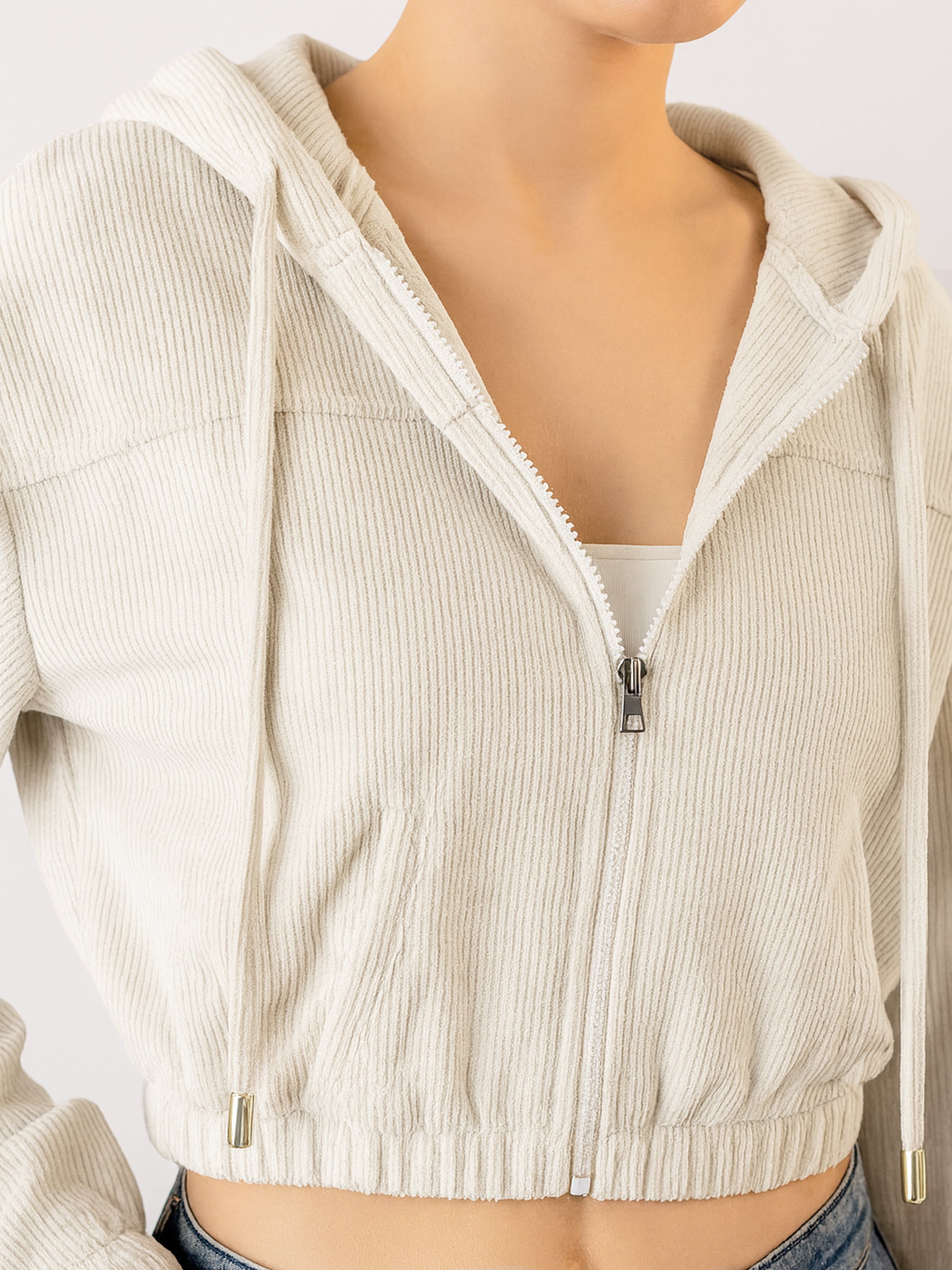 Women White Hooded Boxy Corduroy Crop Jacket