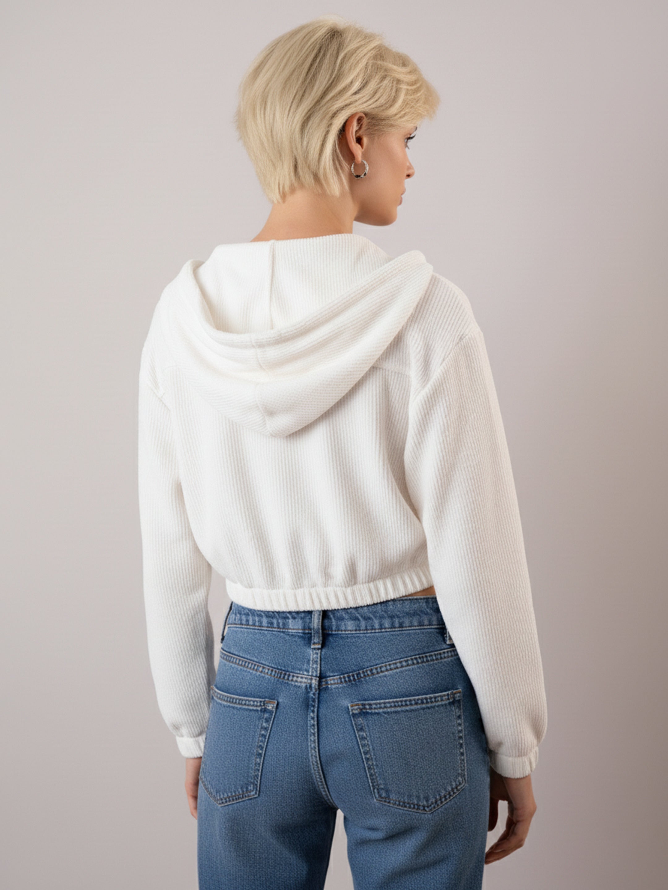 Women White Hooded Boxy Corduroy Crop Jacket