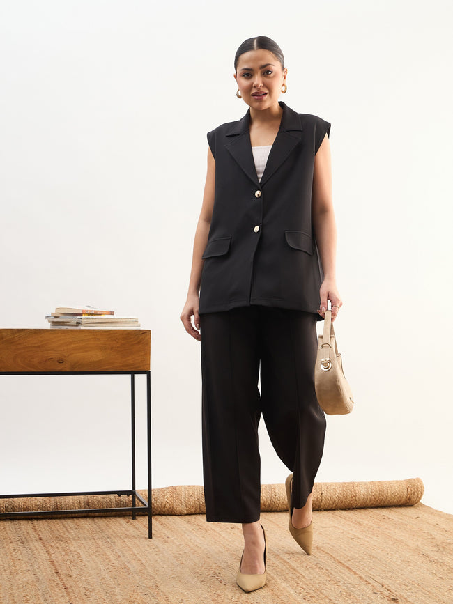 Women Black Notch Collar Oversize Sleeveless Blazer