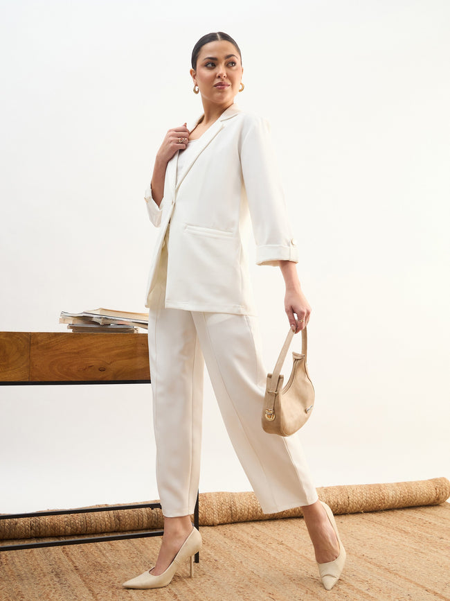 Women White Front Button Notch Collar Blazer