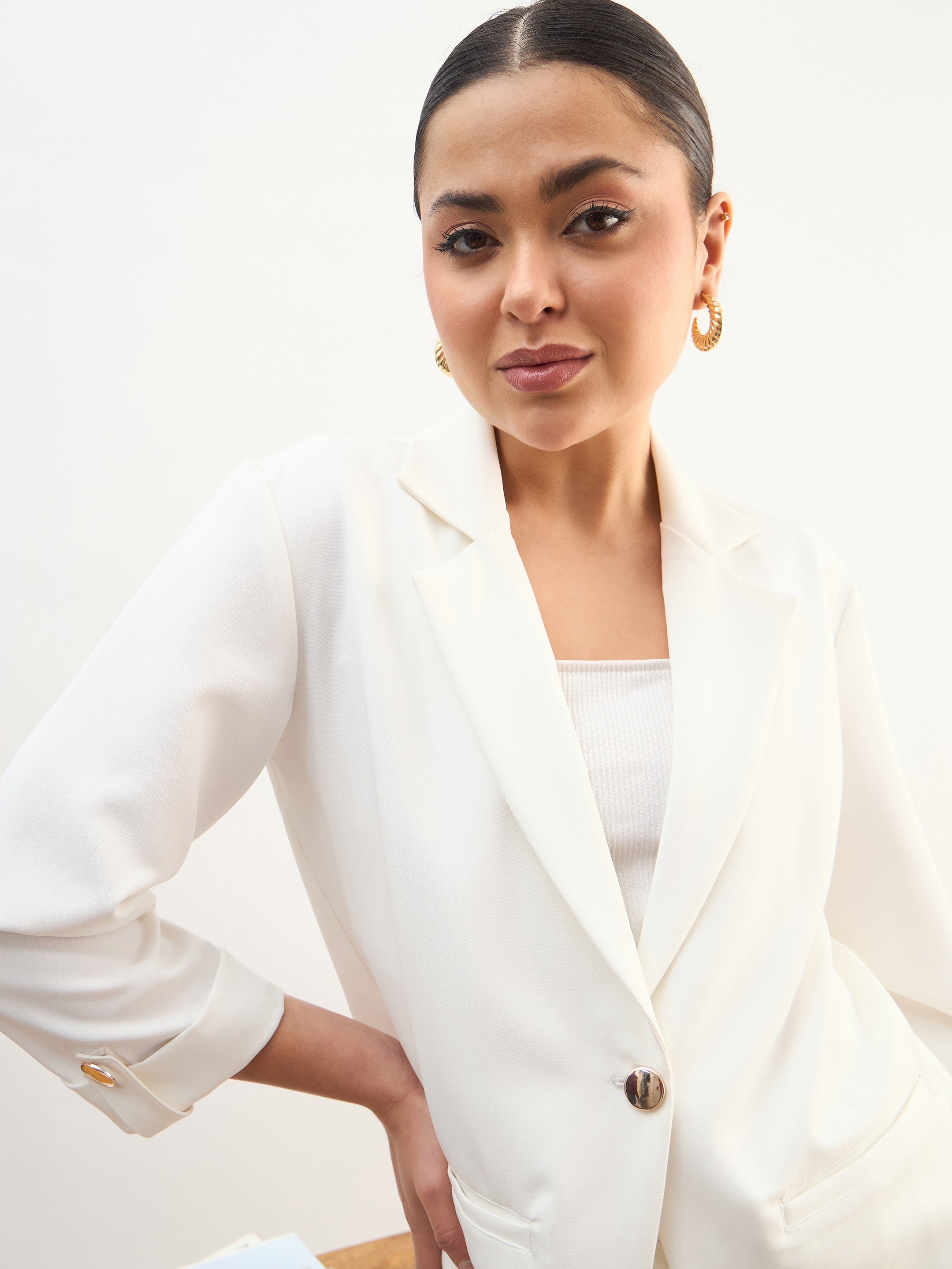 Women White Front Button Notch Collar Blazer
