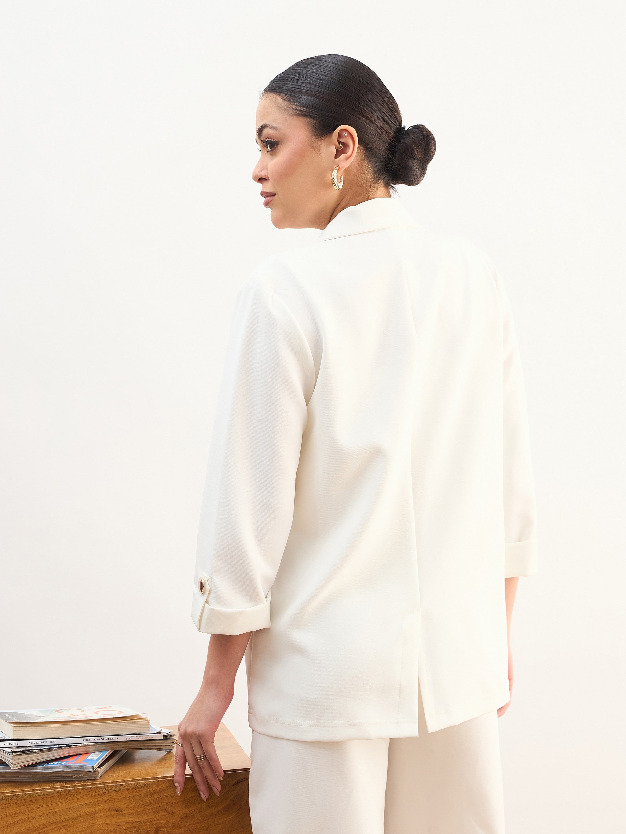 Women White Front Button Notch Collar Blazer